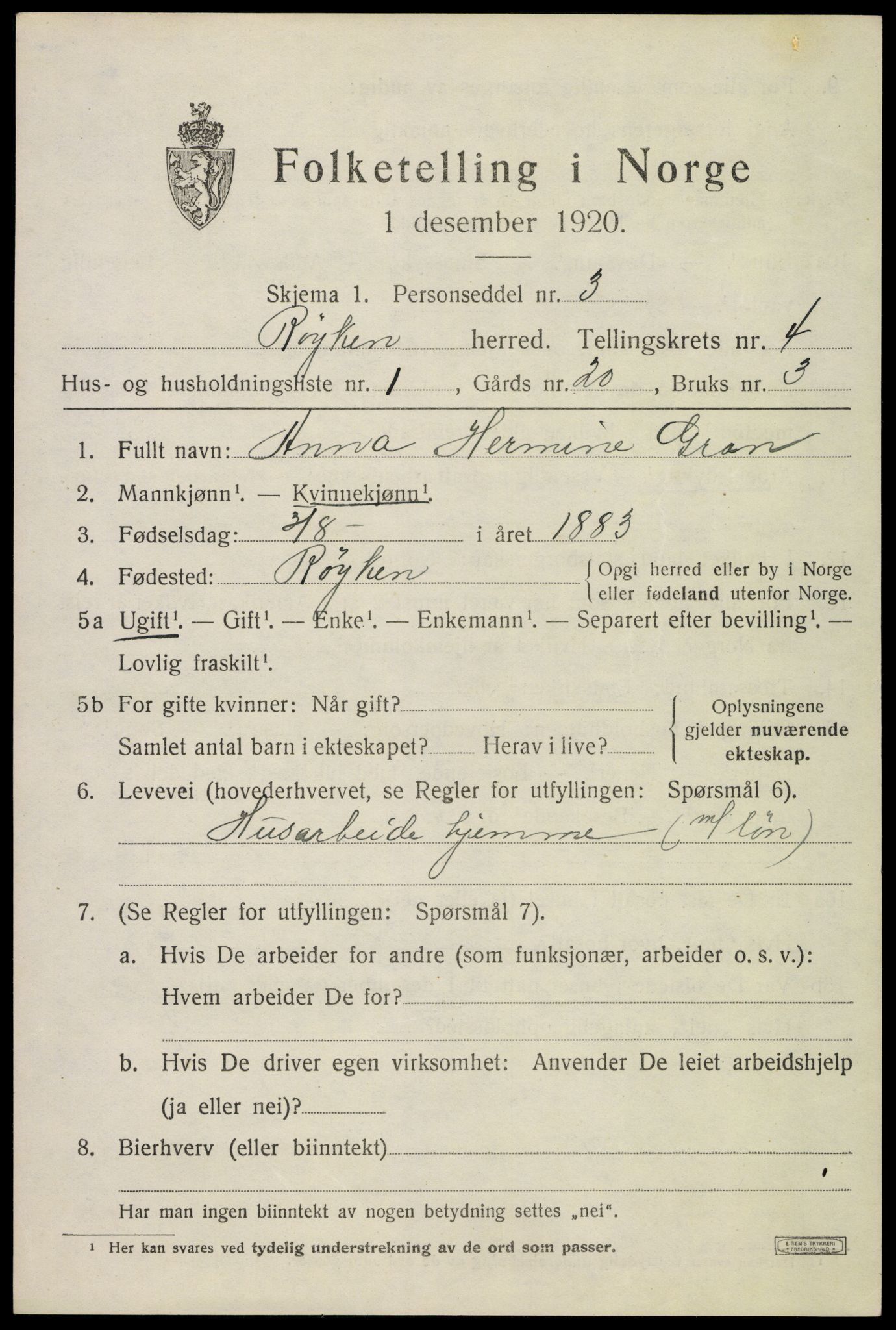 SAKO, 1920 census for Røyken, 1920, p. 5492