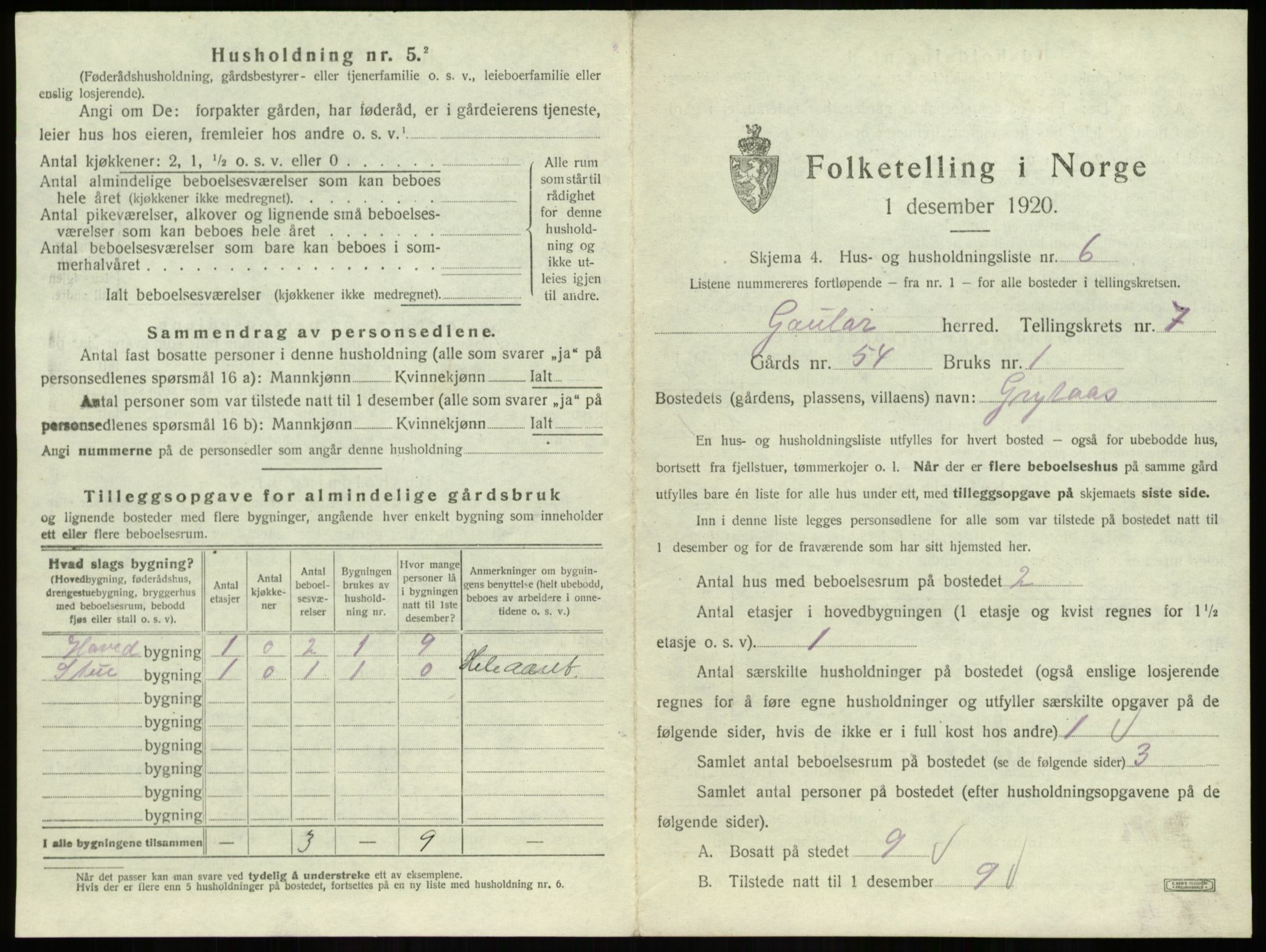 SAB, 1920 census for Gaular, 1920, p. 484