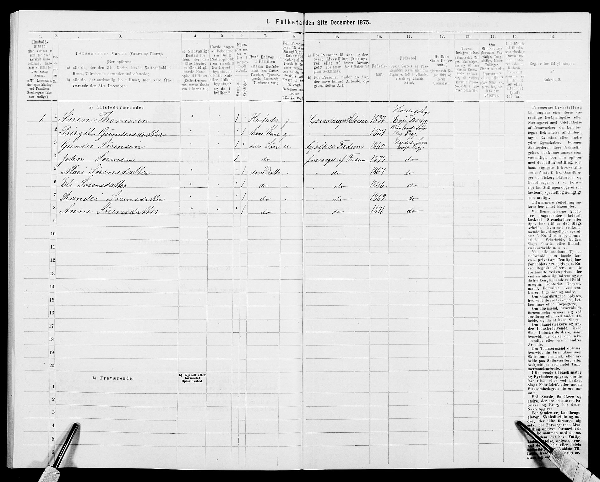 SAK, 1875 census for 0934P Evje, 1875, p. 395