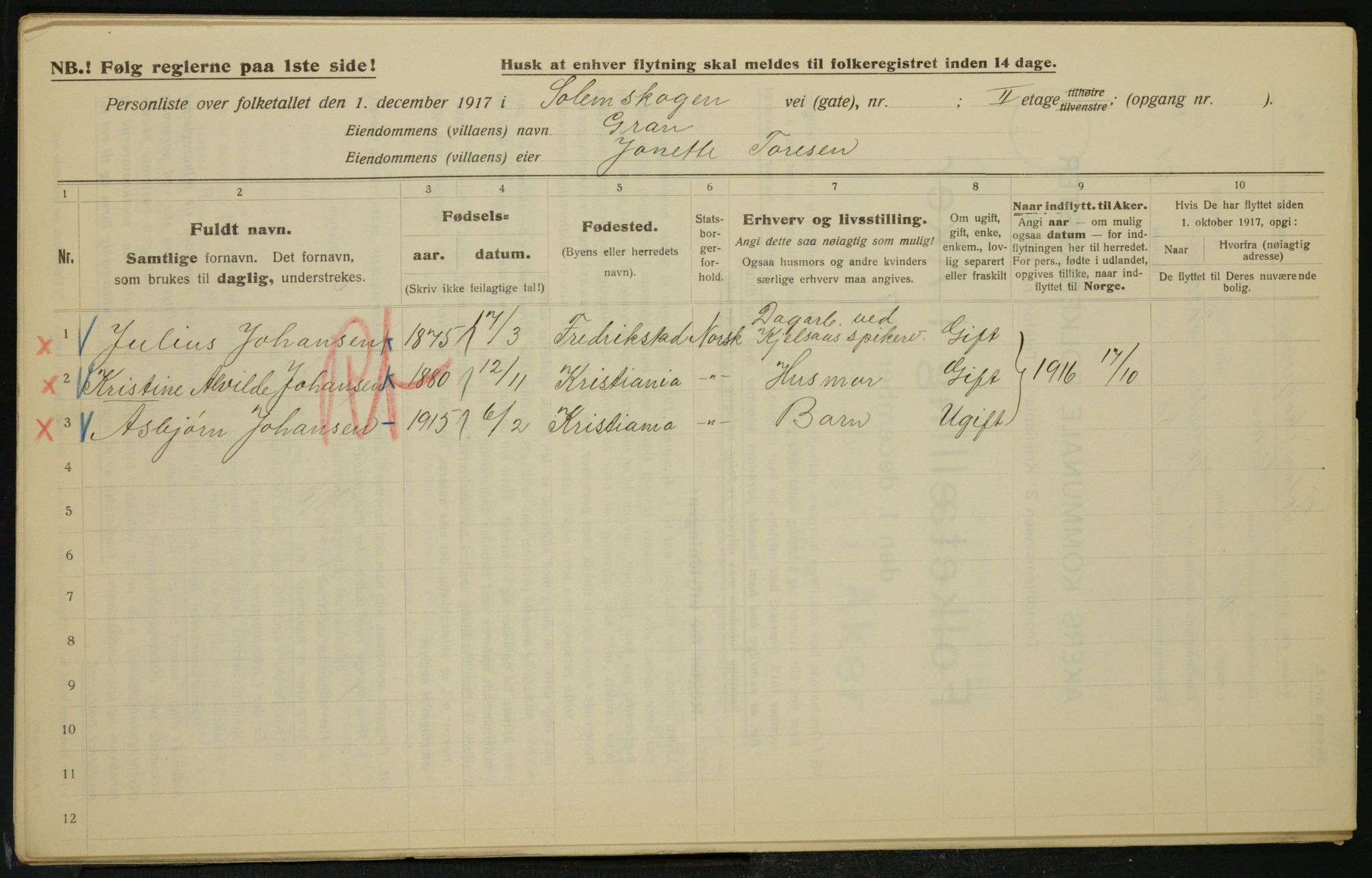 OBA, Municipal Census 1917 for Aker, 1917, p. 13997