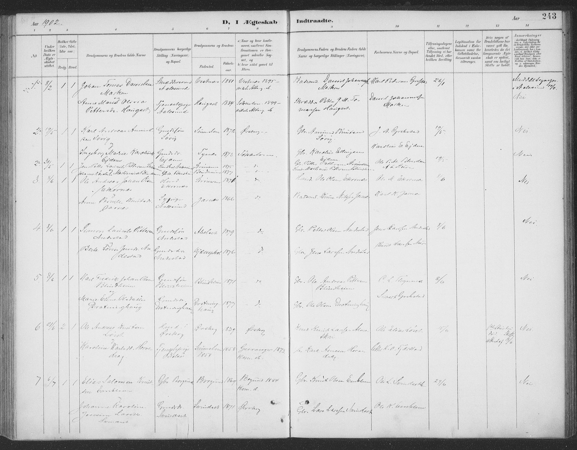 Ministerialprotokoller, klokkerbøker og fødselsregistre - Møre og Romsdal, AV/SAT-A-1454/523/L0335: Parish register (official) no. 523A02, 1891-1911, p. 243