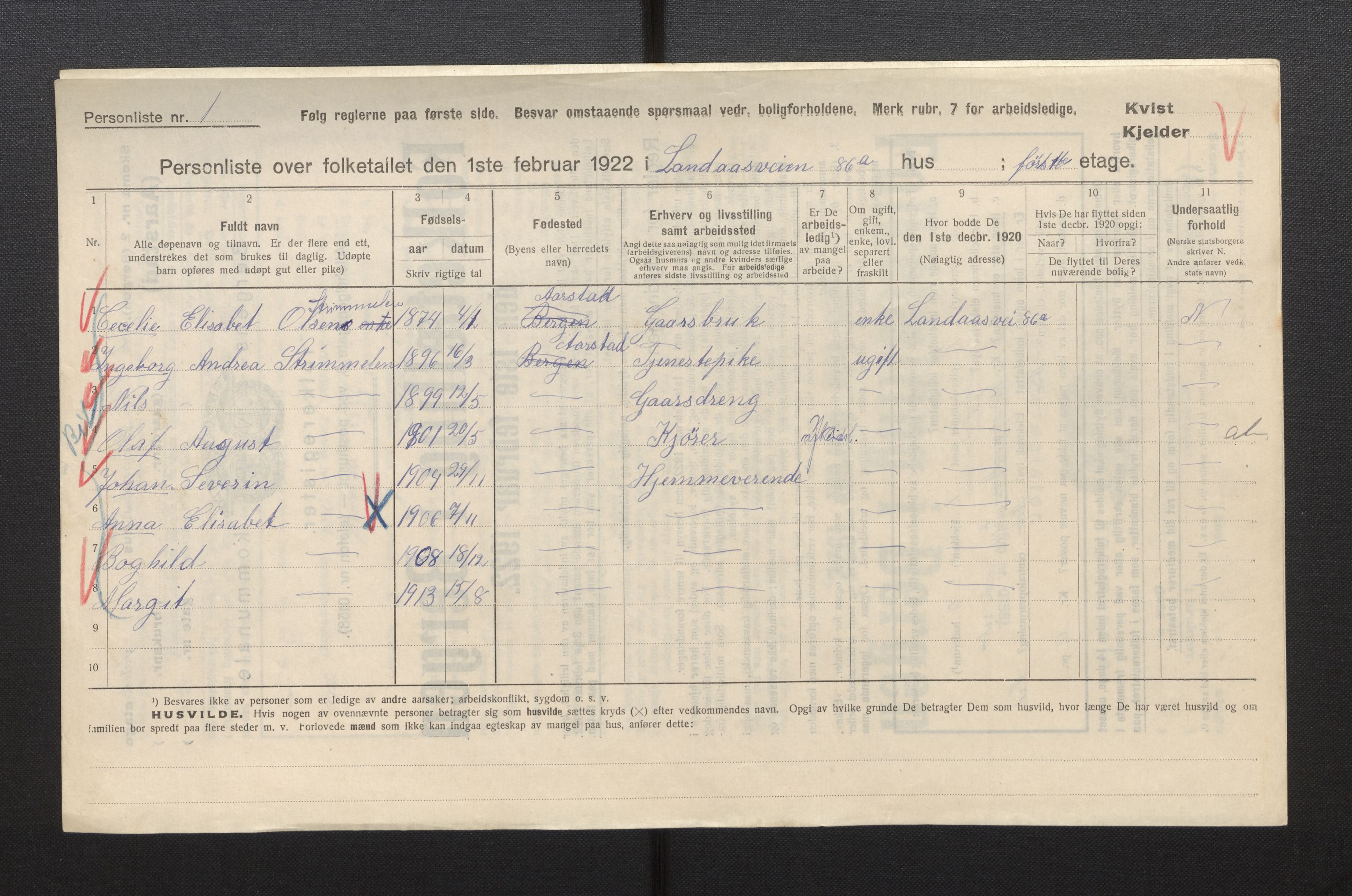 SAB, Municipal Census 1922 for Bergen, 1922, p. 55290