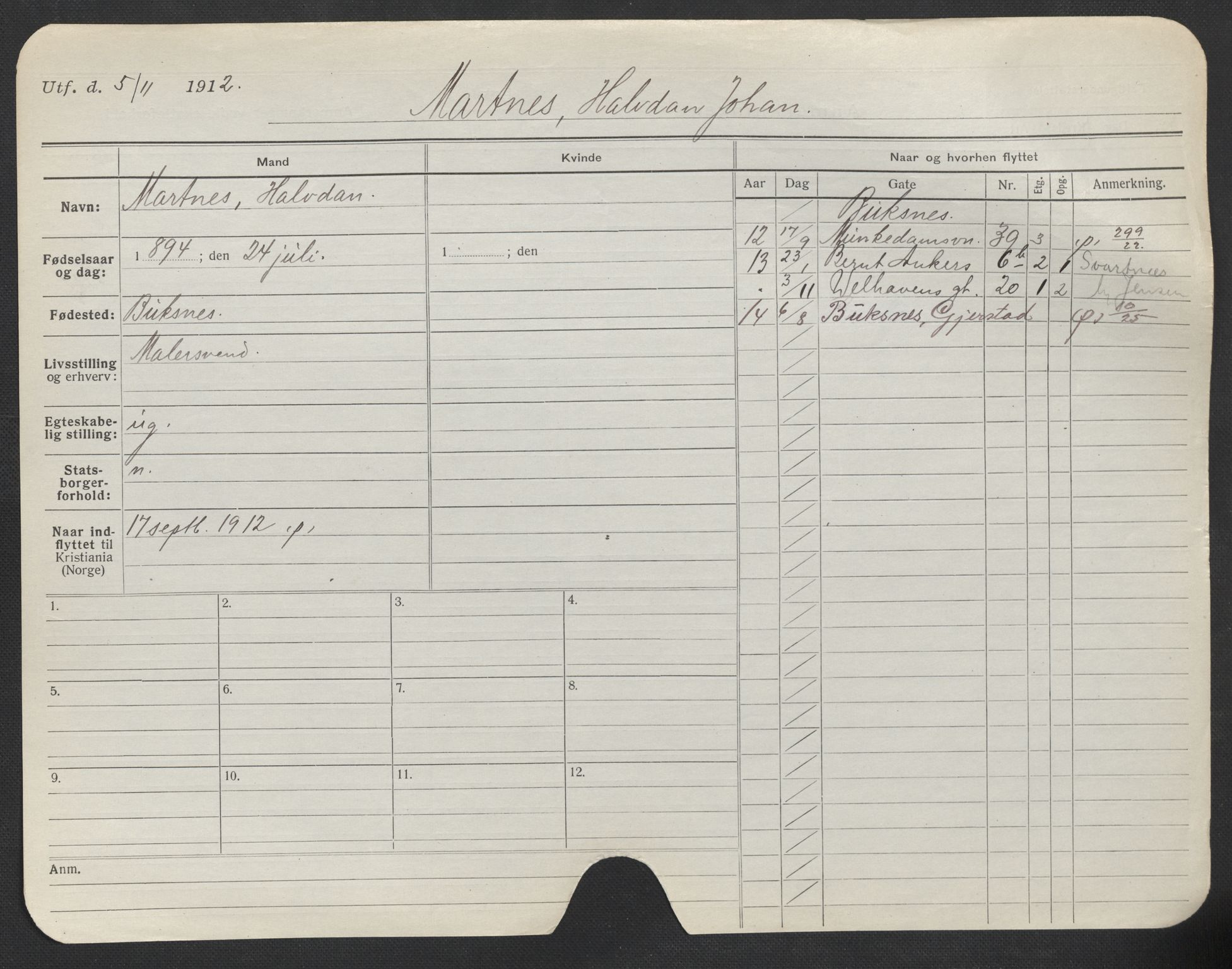 Oslo folkeregister, Registerkort, AV/SAO-A-11715/F/Fa/Fac/L0007: Menn, 1906-1914, p. 615a