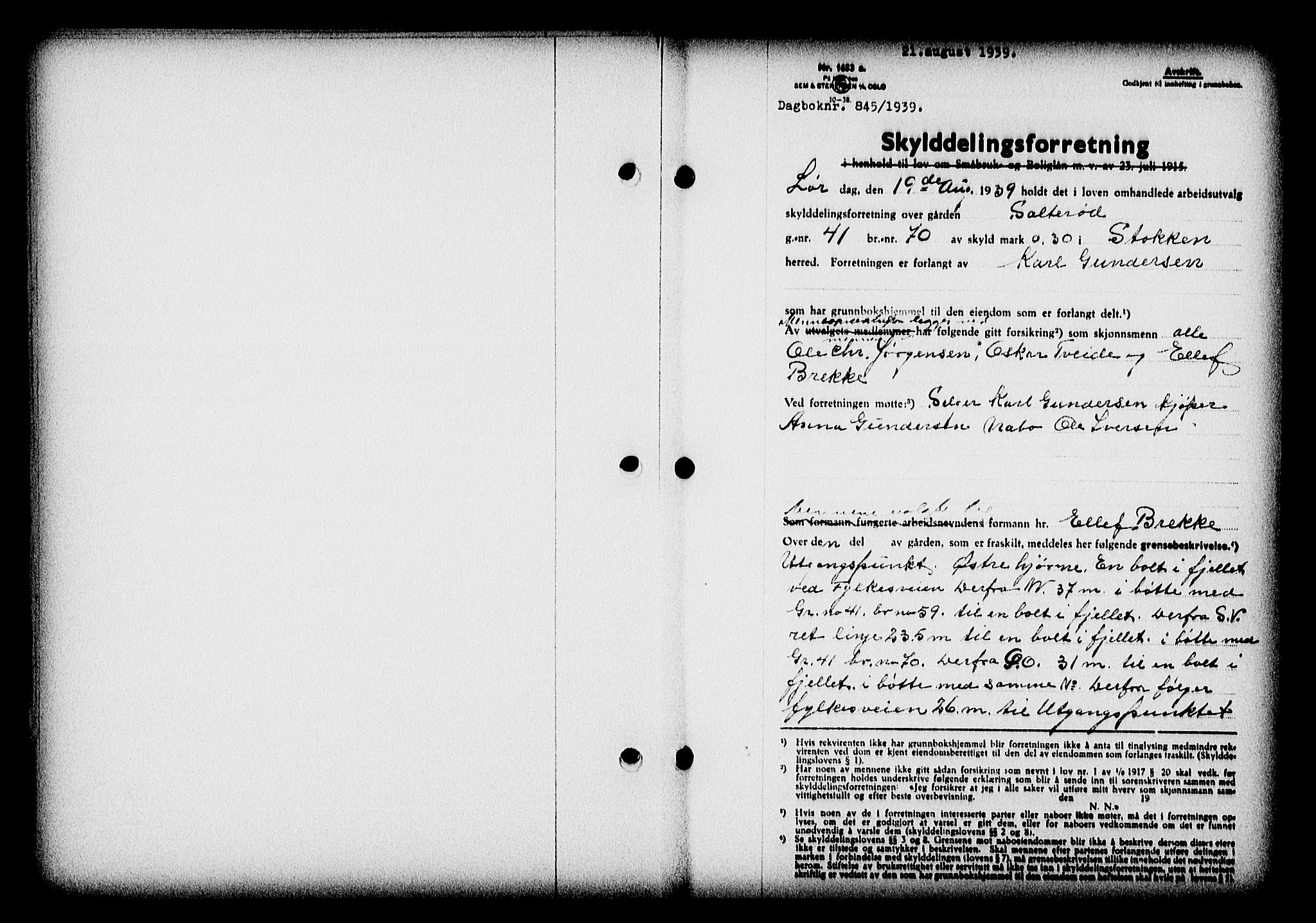 Nedenes sorenskriveri, AV/SAK-1221-0006/G/Gb/Gba/L0047: Mortgage book no. A-I, 1939-1940, Diary no: : 845/1939