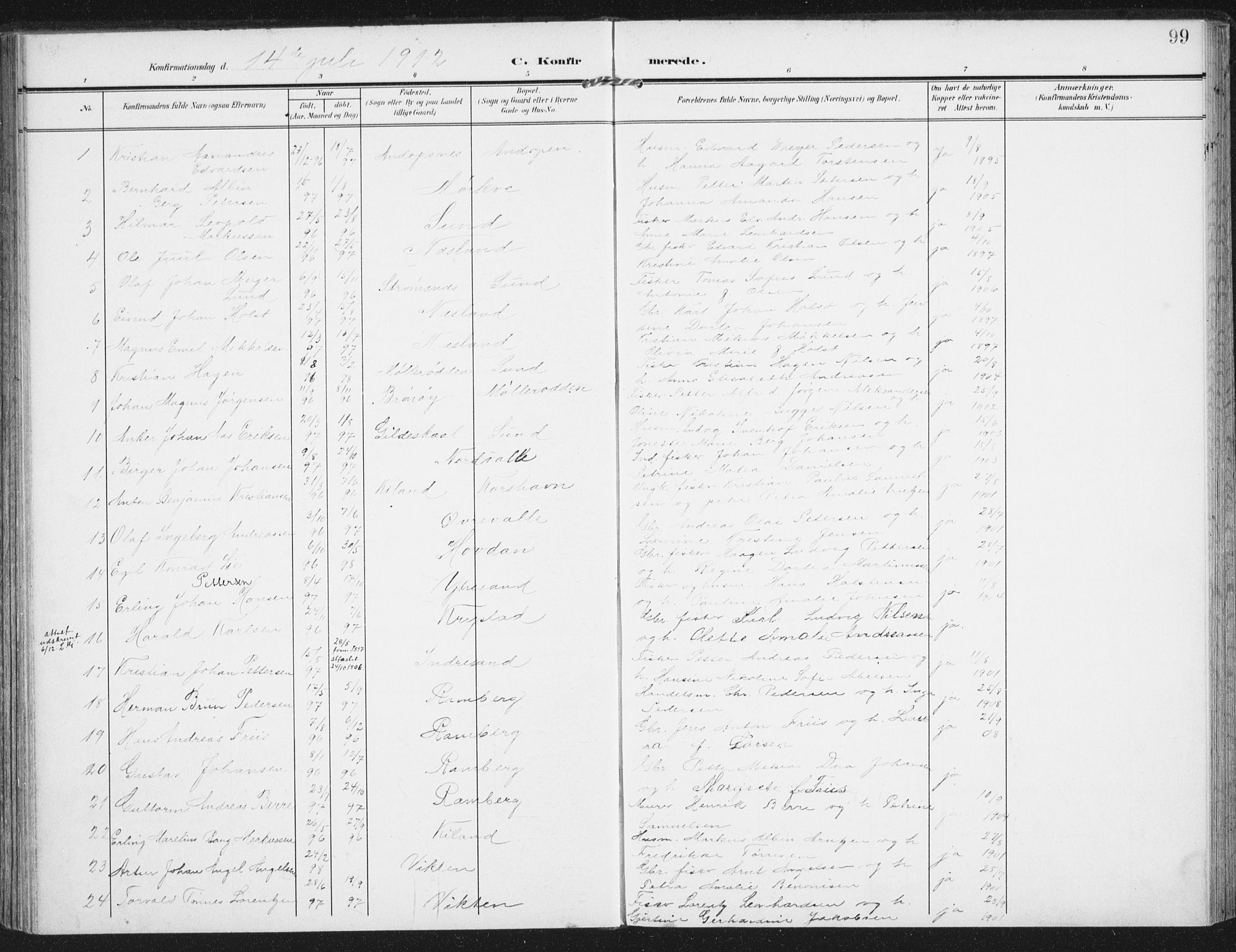 Ministerialprotokoller, klokkerbøker og fødselsregistre - Nordland, SAT/A-1459/885/L1206: Parish register (official) no. 885A07, 1905-1915, p. 99
