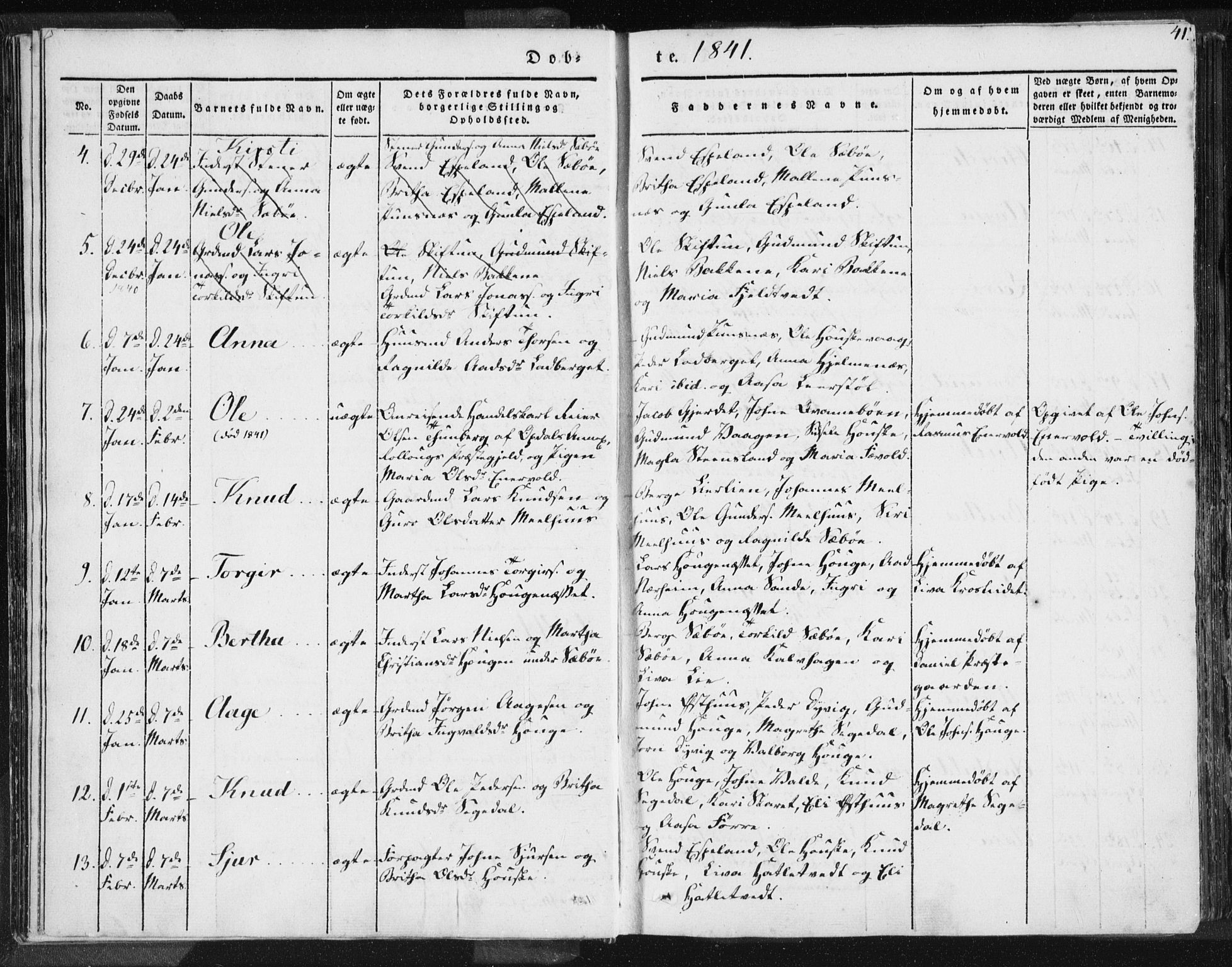 Hjelmeland sokneprestkontor, AV/SAST-A-101843/01/IV/L0006: Parish register (official) no. A 6, 1834-1845, p. 41