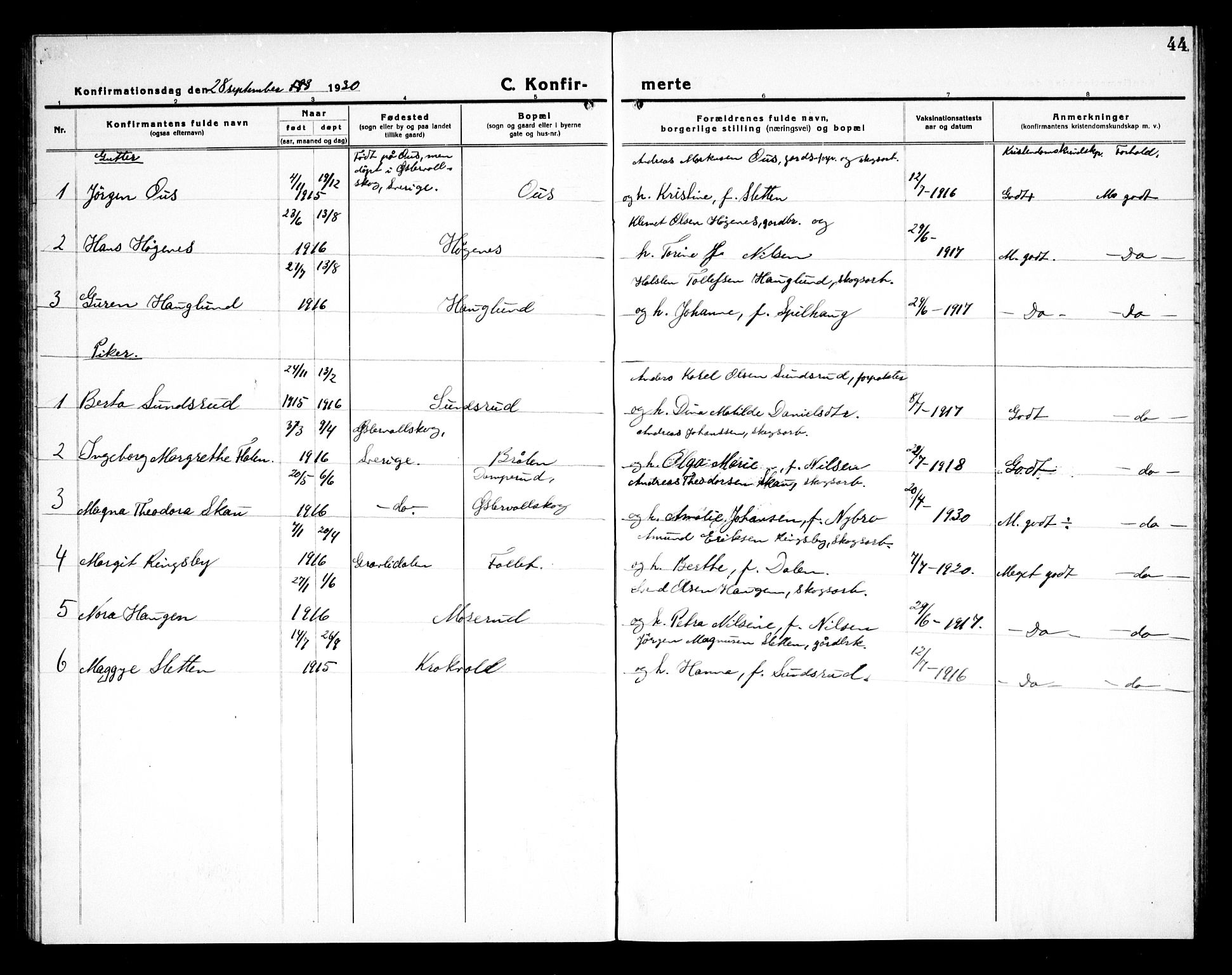 Rødenes prestekontor Kirkebøker, AV/SAO-A-2005/G/Gb/L0003: Parish register (copy) no. II 3, 1922-1936, p. 44