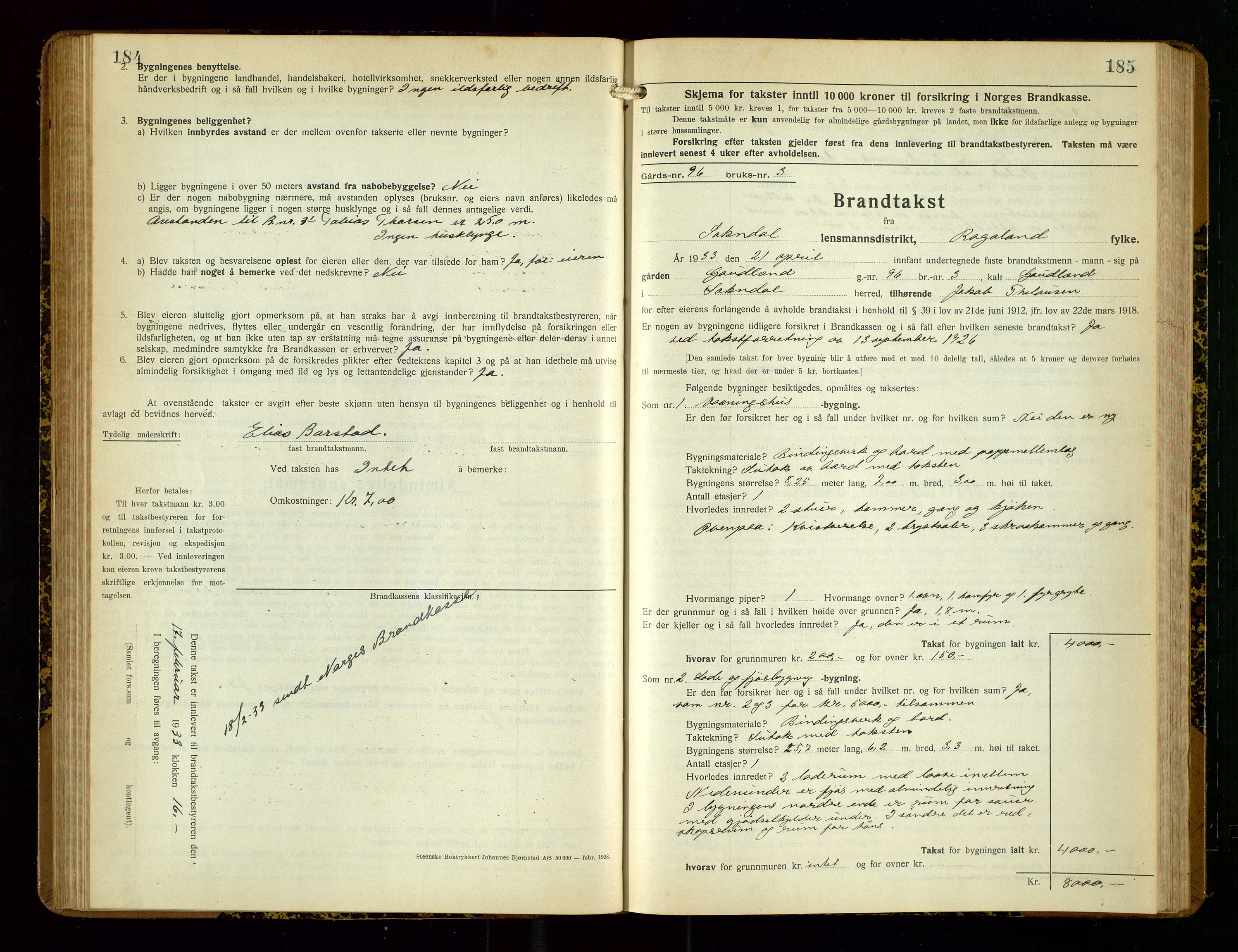 Sokndal lensmannskontor, SAST/A-100417/Gob/L0007: "Brandtakst-Protokoll", 1930-1936, p. 184-185