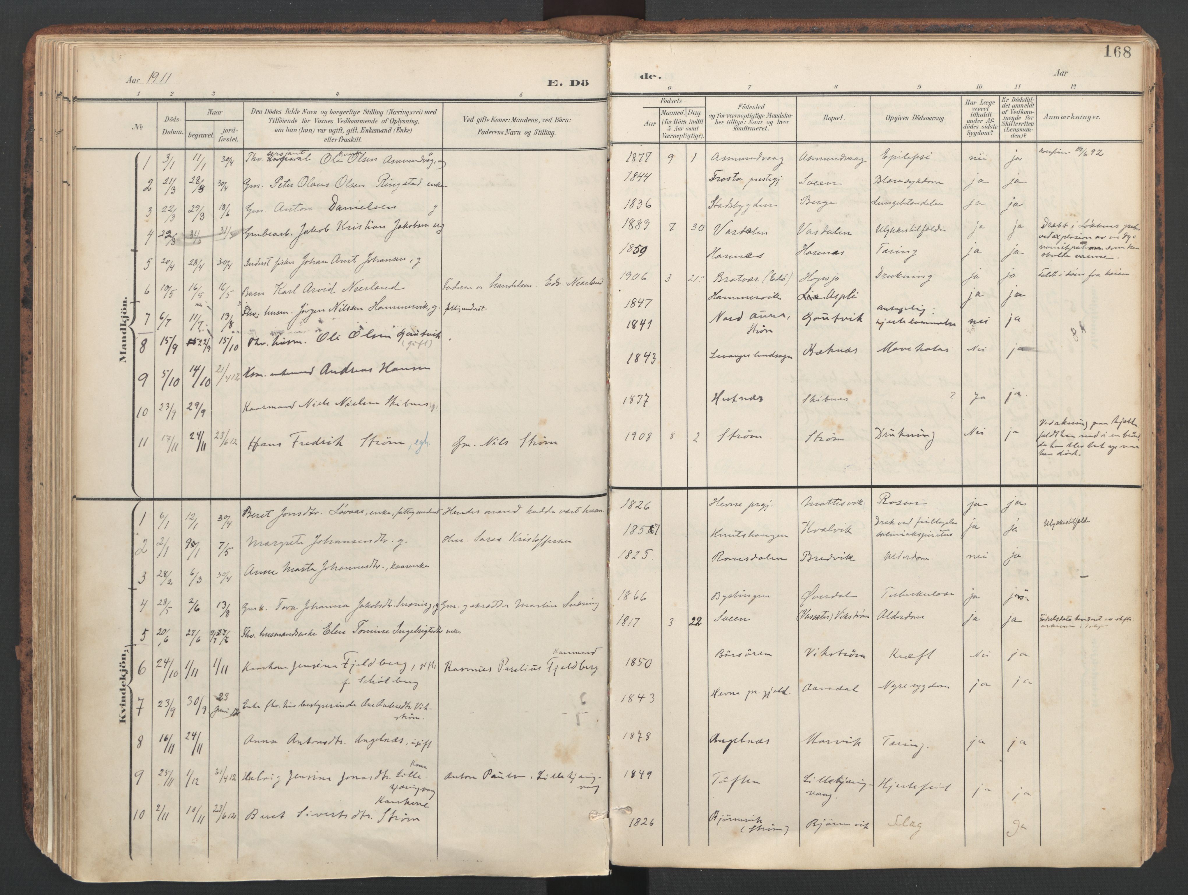 Ministerialprotokoller, klokkerbøker og fødselsregistre - Sør-Trøndelag, SAT/A-1456/634/L0537: Parish register (official) no. 634A13, 1896-1922, p. 168