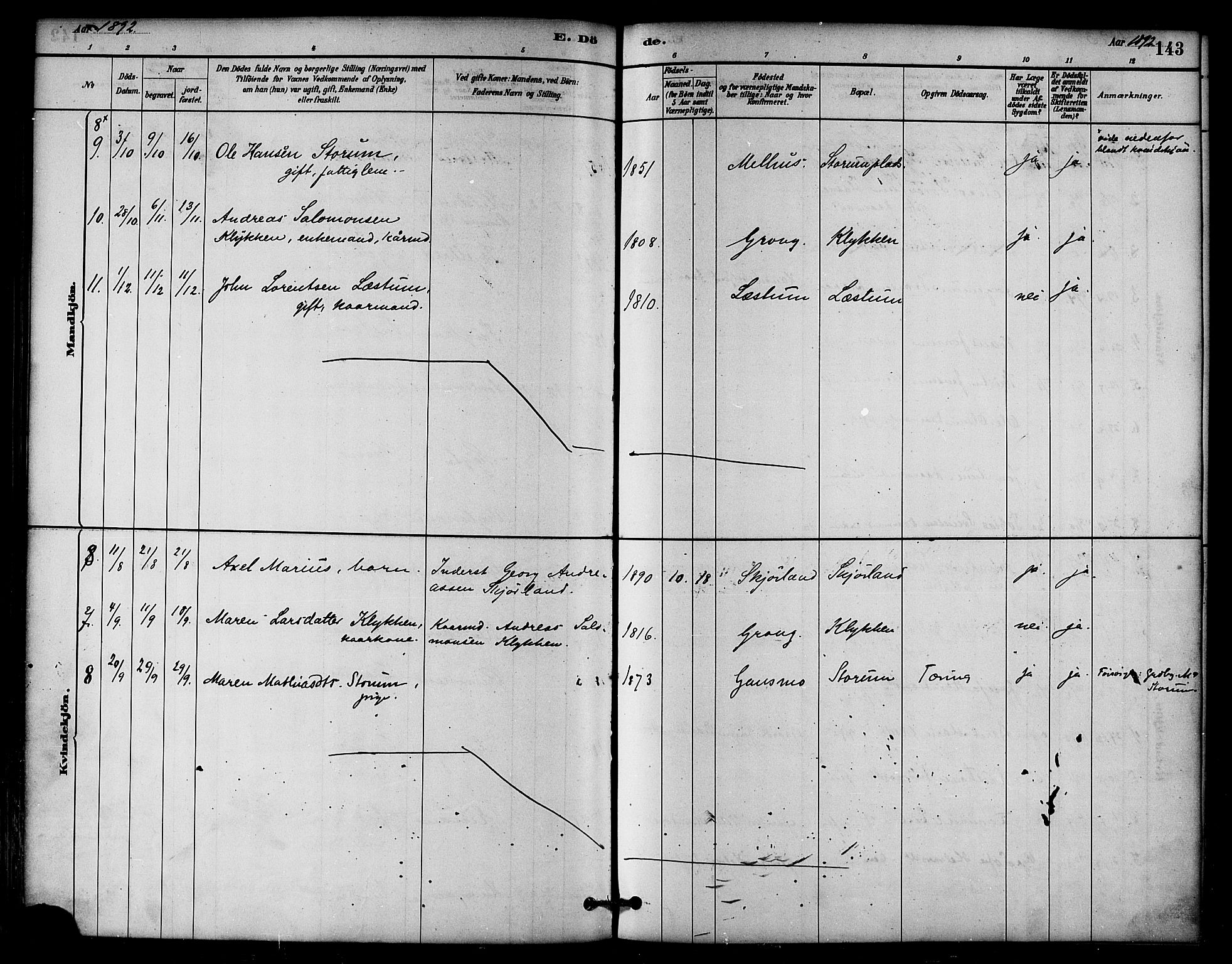 Ministerialprotokoller, klokkerbøker og fødselsregistre - Nord-Trøndelag, AV/SAT-A-1458/764/L0555: Parish register (official) no. 764A10, 1881-1896, p. 143