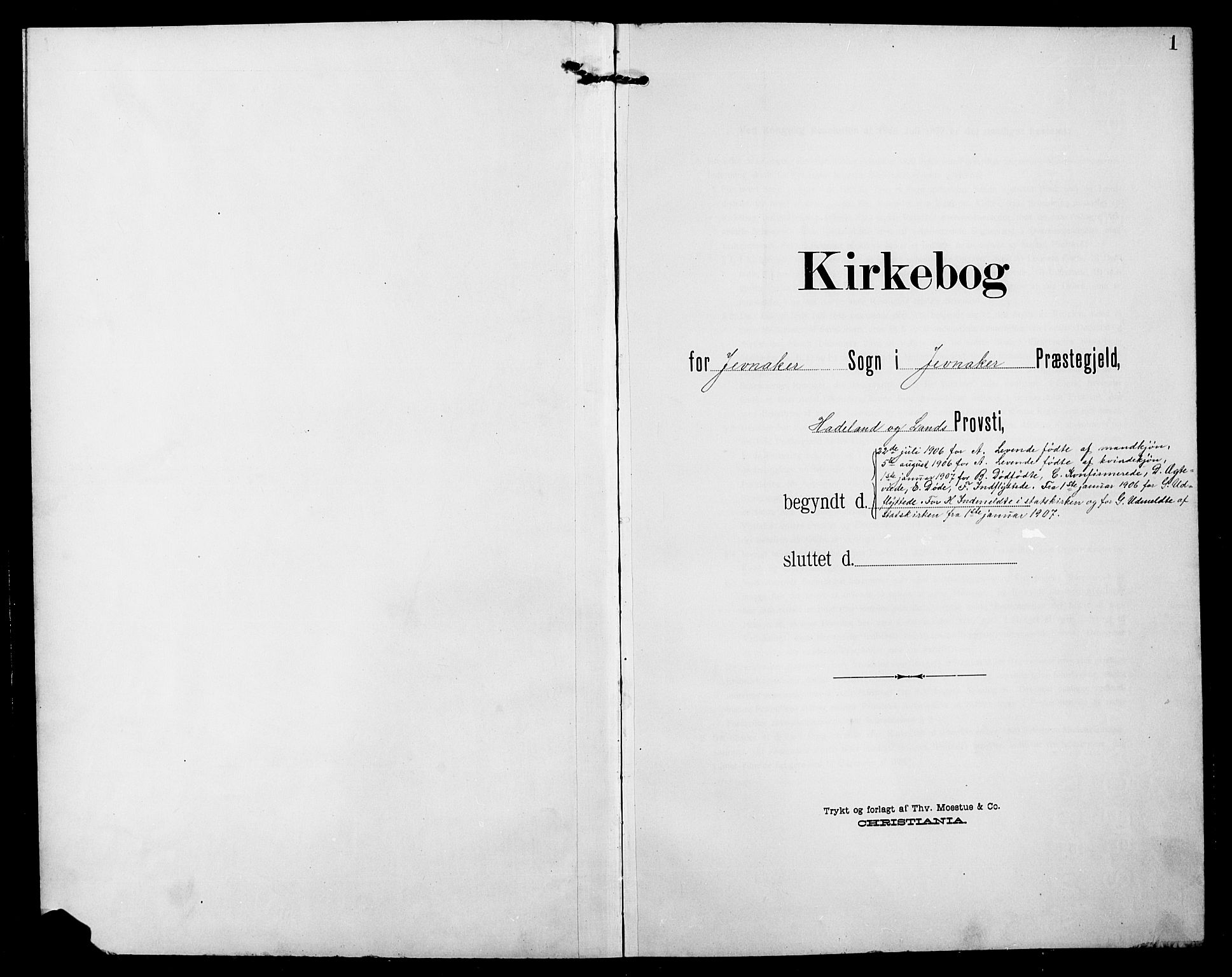 Jevnaker prestekontor, SAH/PREST-116/H/Ha/Hab/L0004: Parish register (copy) no. 4, 1907-1918, p. 1
