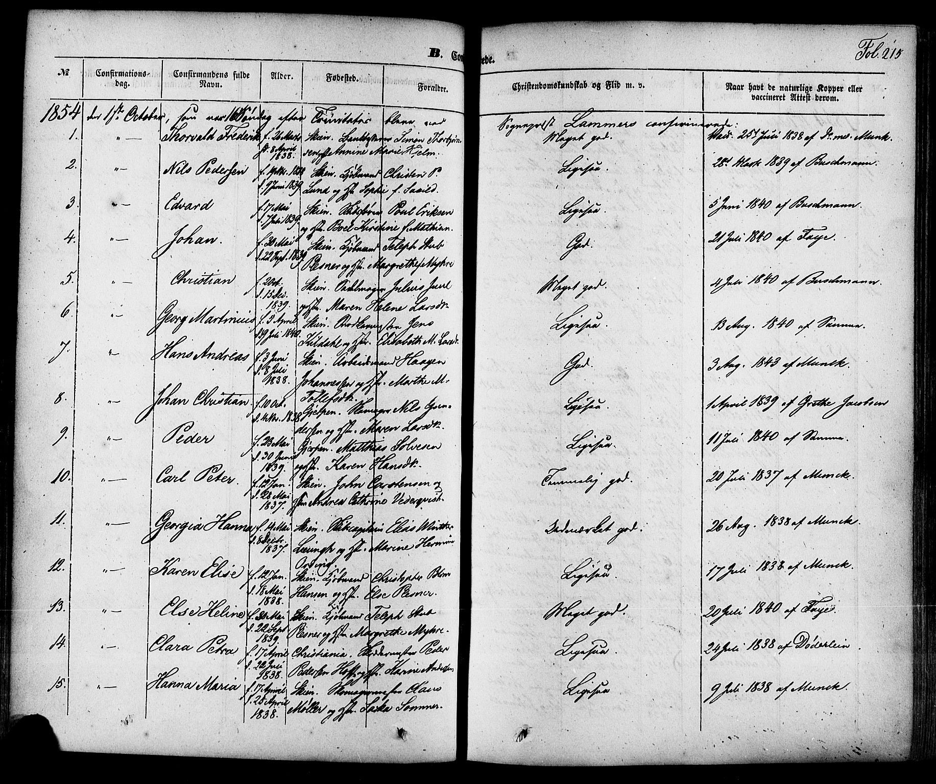 Skien kirkebøker, SAKO/A-302/F/Fa/L0006a: Parish register (official) no. 6A, 1843-1856, p. 215
