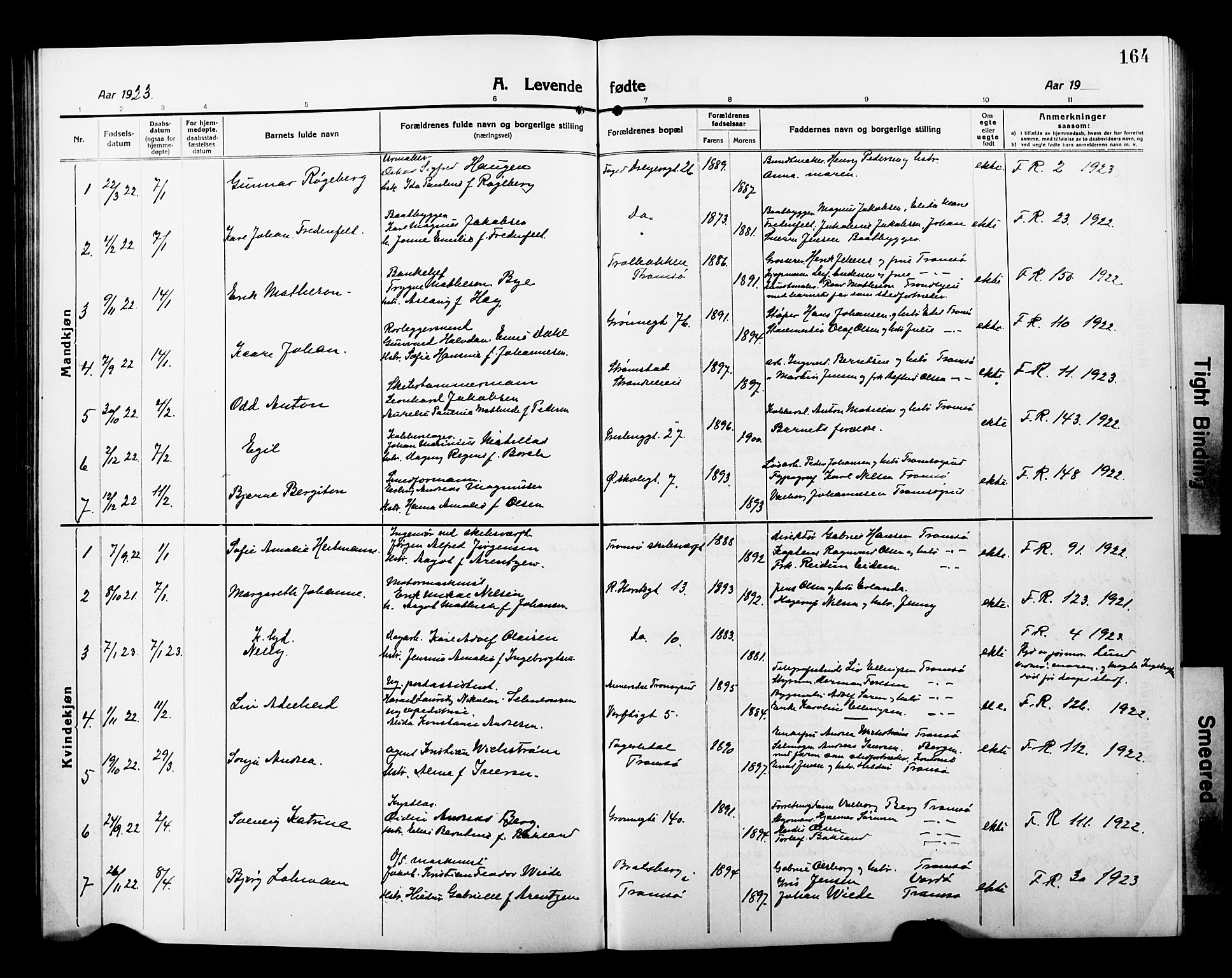 Tromsø sokneprestkontor/stiftsprosti/domprosti, SATØ/S-1343/G/Gb/L0009klokker: Parish register (copy) no. 9, 1915-1925, p. 164