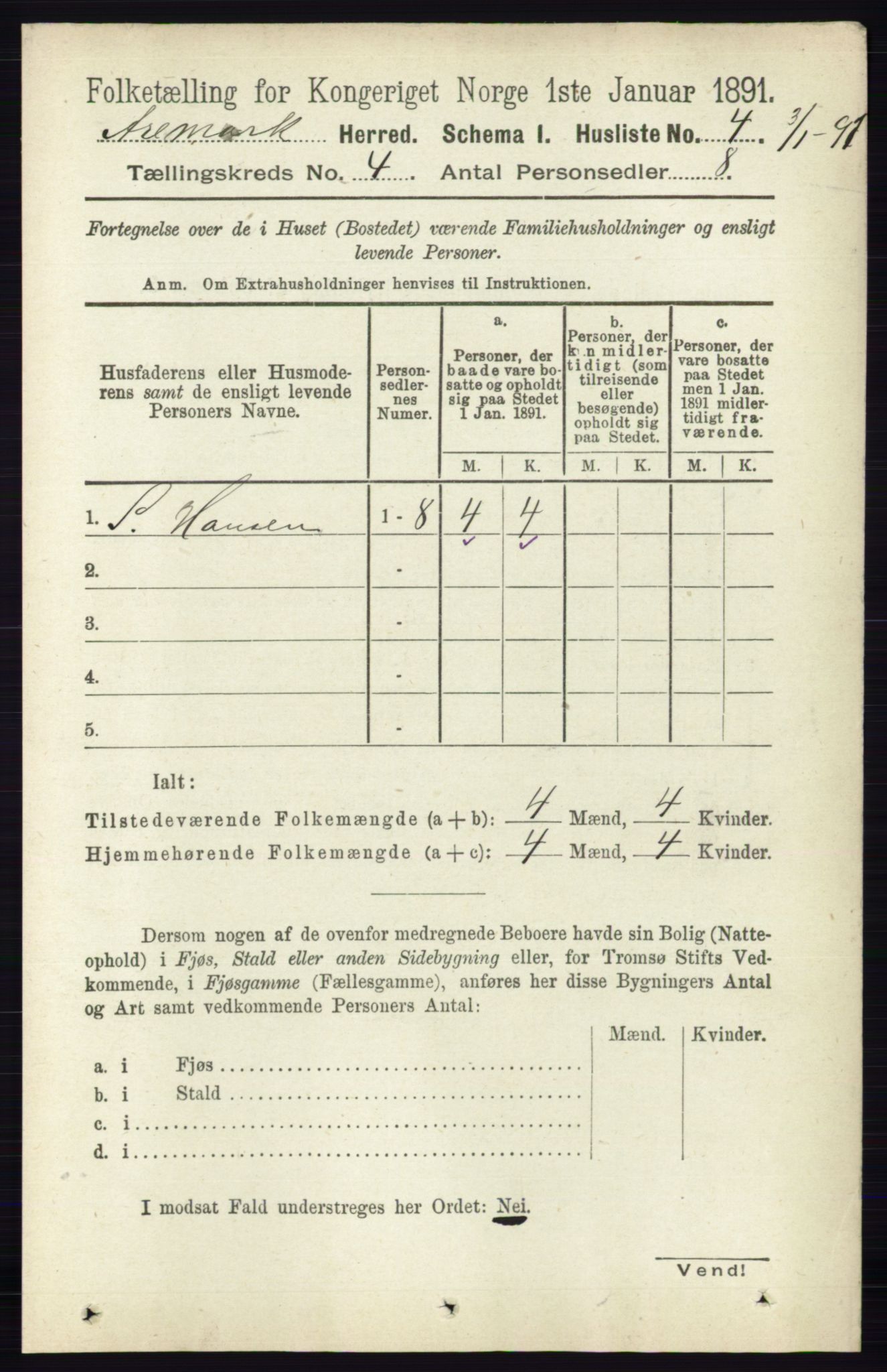 RA, 1891 census for 0118 Aremark, 1891, p. 1833