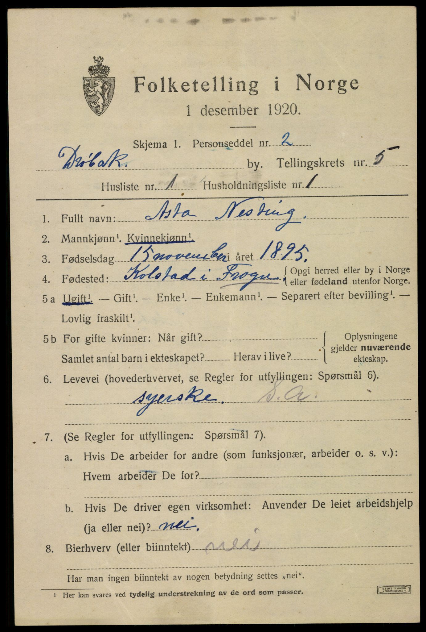 SAO, 1920 census for Drøbak, 1920, p. 4501