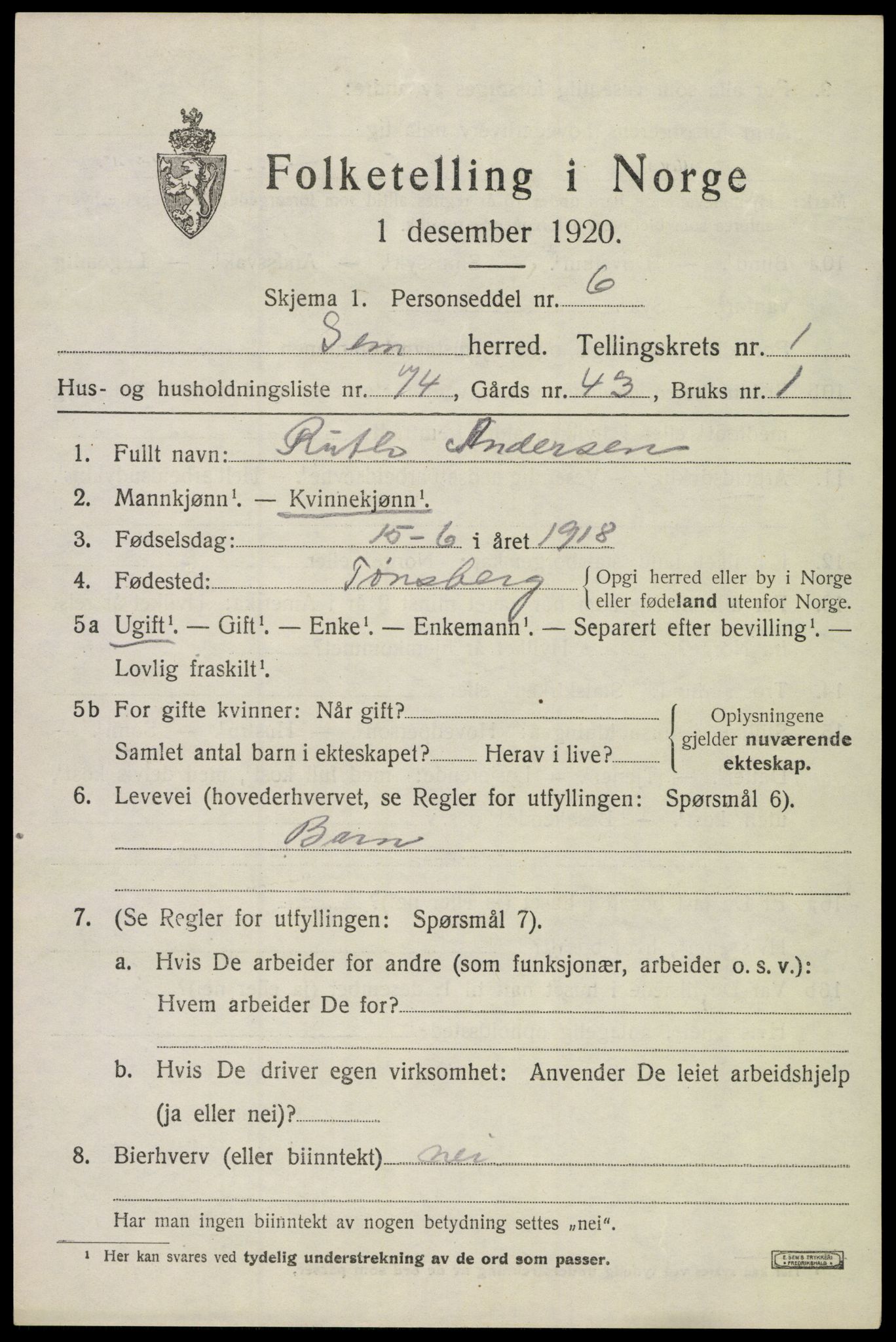 SAKO, 1920 census for Sem, 1920, p. 3569
