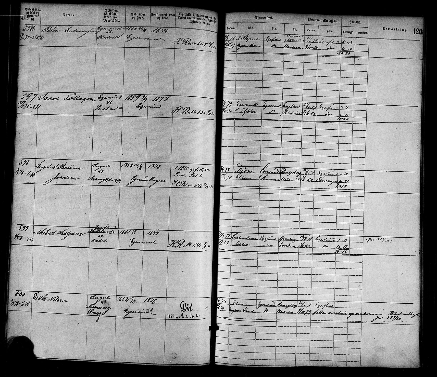 Egersund mønstringskrets, SAK/2031-0019/F/Fa/L0001: Annotasjonsrulle nr 1-1440 med register, O-1, 1869-1895, p. 137