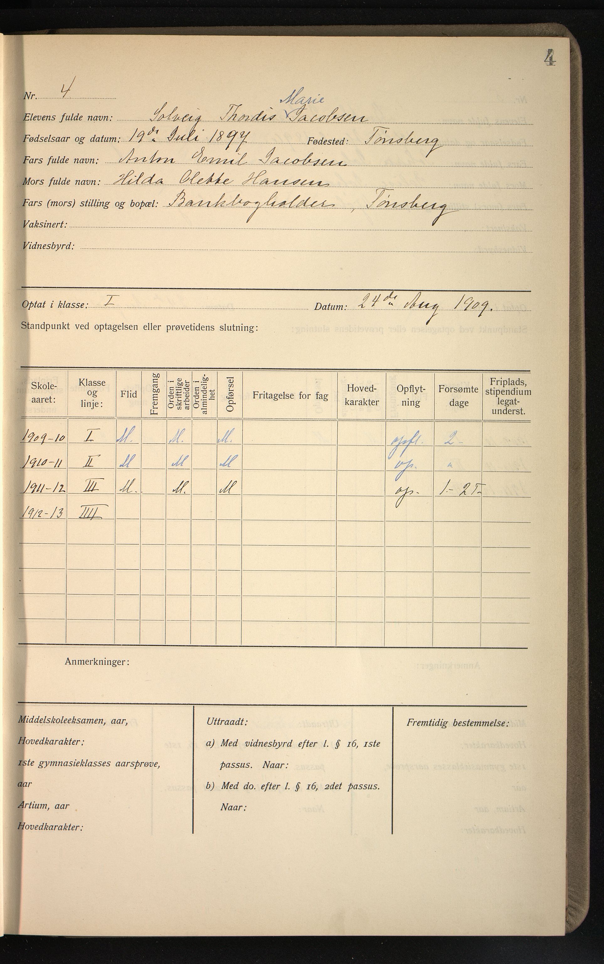 Vestfold fylkeskommune. Greveskogen videregående skole før 1998, VEMU/A-1162/G/Gb/L0003: Manntallsprotokoll Pikeskolen, 1909-1911, p. 5