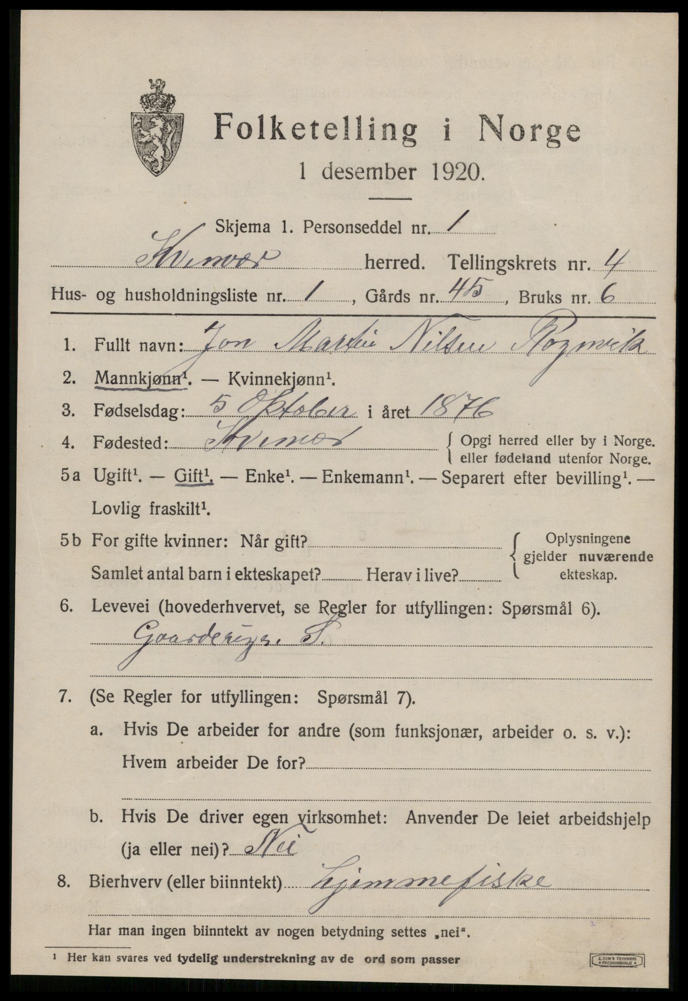 SAT, 1920 census for Kvenvær, 1920, p. 1422