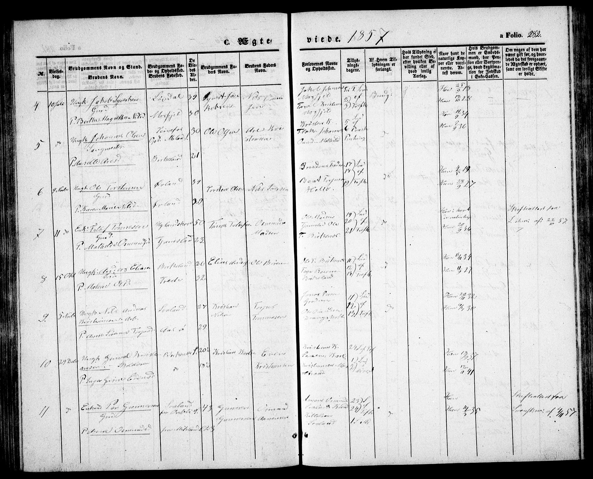 Birkenes sokneprestkontor, SAK/1111-0004/F/Fb/L0002: Parish register (copy) no. B 2, 1849-1876, p. 282