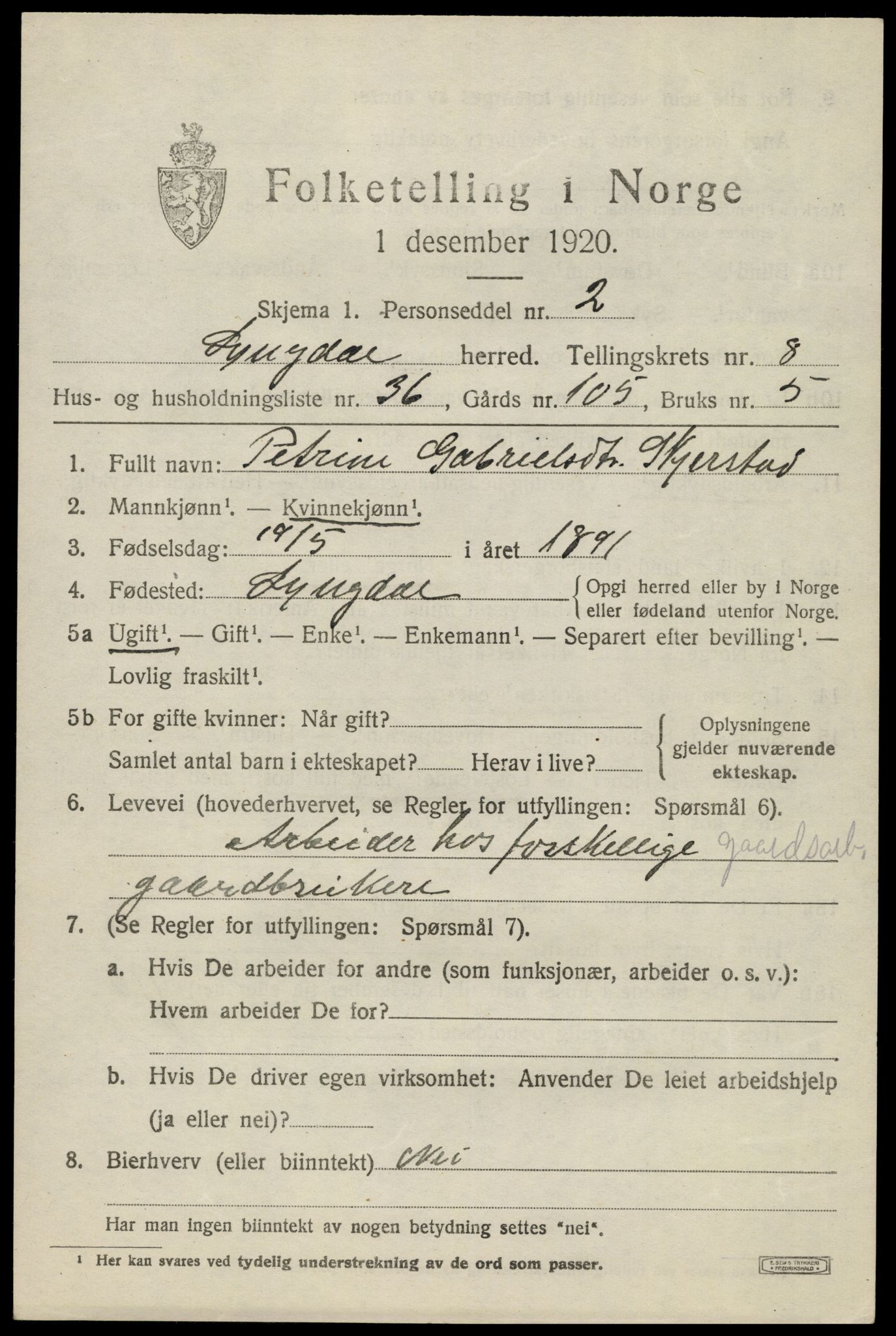 SAK, 1920 census for Lyngdal, 1920, p. 4405