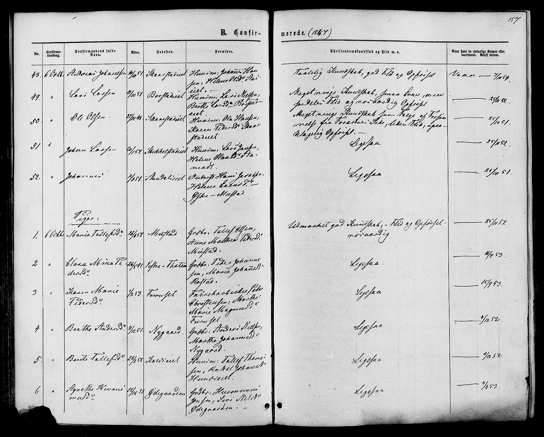 Vardal prestekontor, SAH/PREST-100/H/Ha/Haa/L0007: Parish register (official) no. 7, 1867-1878, p. 157