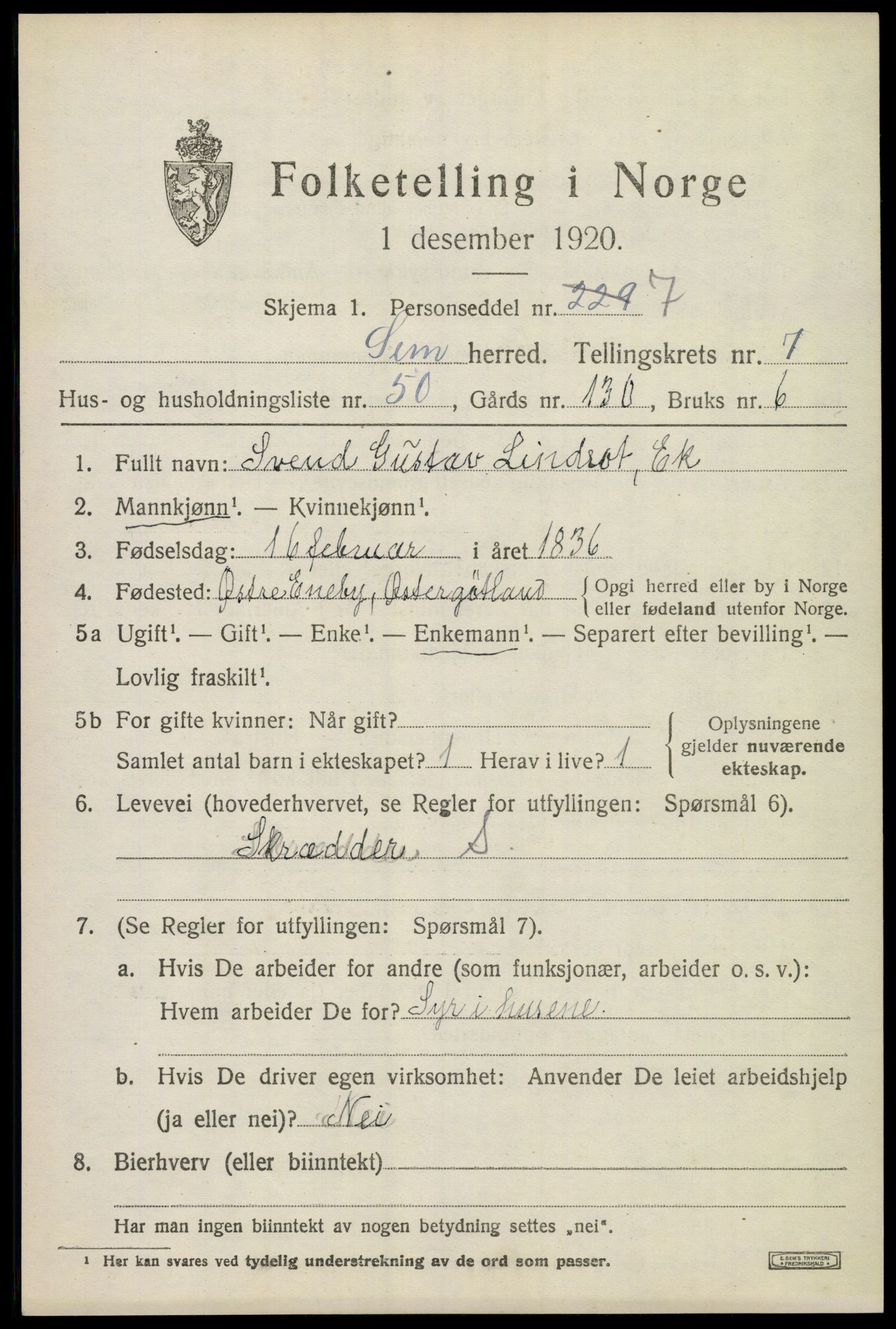 SAKO, 1920 census for Sem, 1920, p. 10799