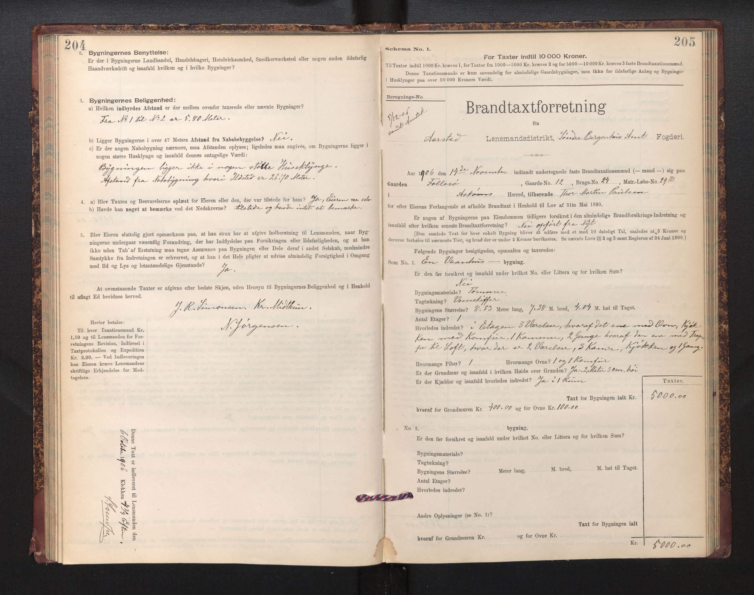 Lensmannen i Årstad, SAB/A-36201/0012/L0013: Branntakstprotokoll,skjematakst, 1901-1907, p. 204-205