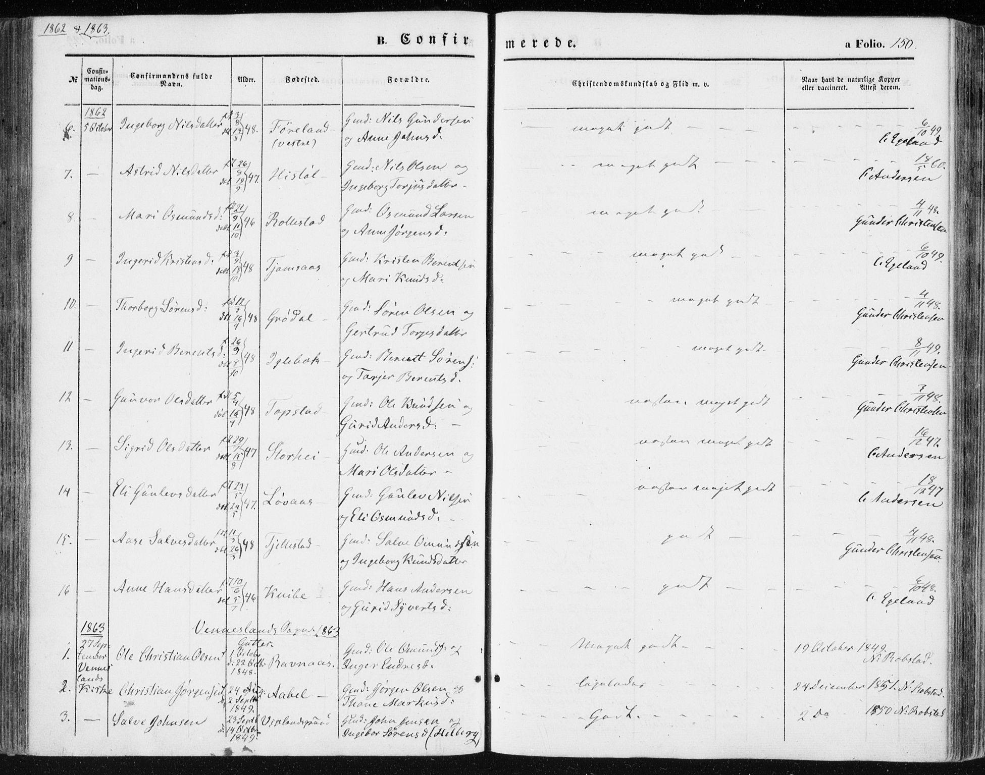 Vennesla sokneprestkontor, SAK/1111-0045/Fa/Fac/L0007: Parish register (official) no. A 7, 1855-1873, p. 150