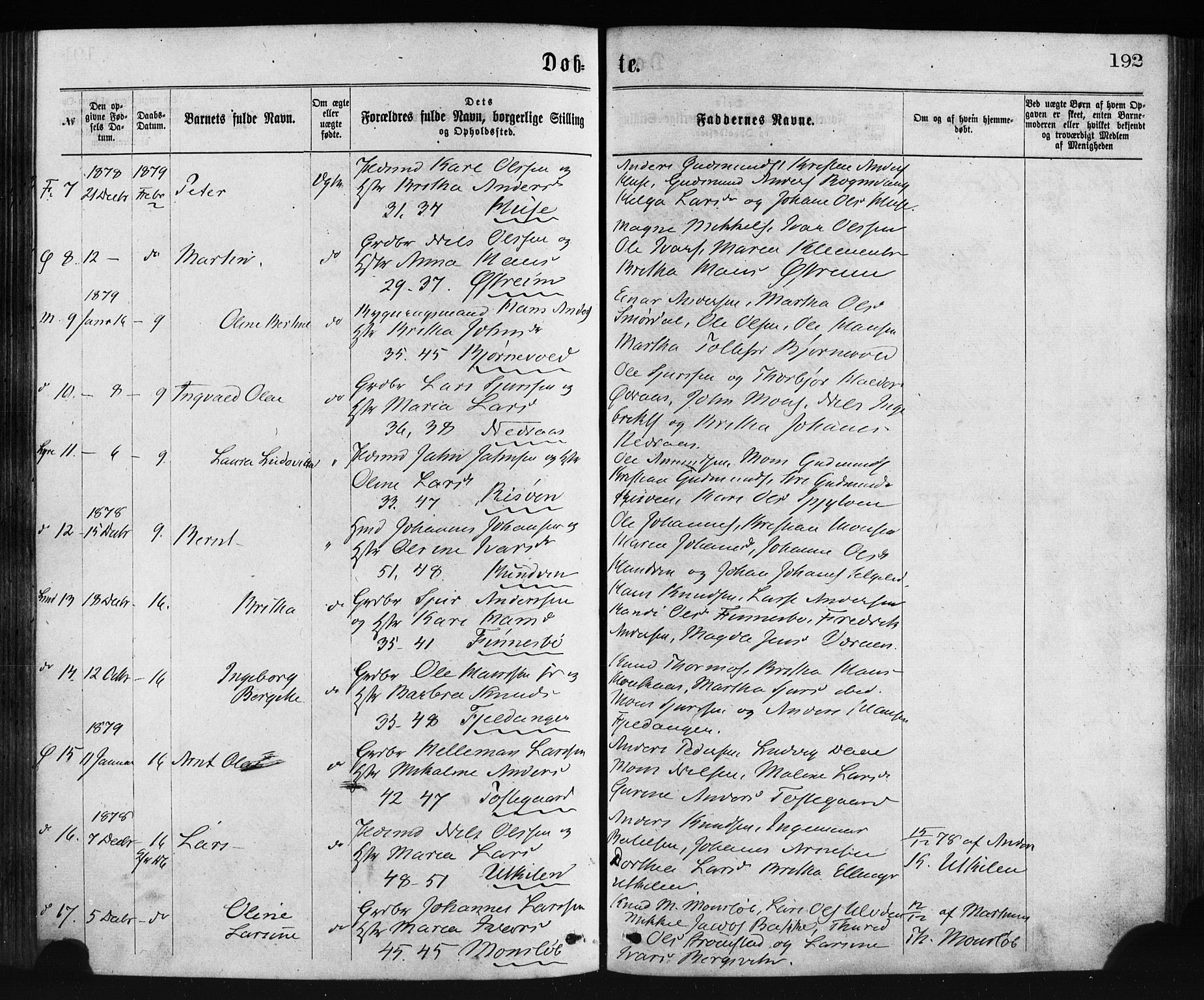 Lindås Sokneprestembete, SAB/A-76701/H/Haa: Parish register (official) no. A 18, 1869-1885, p. 192