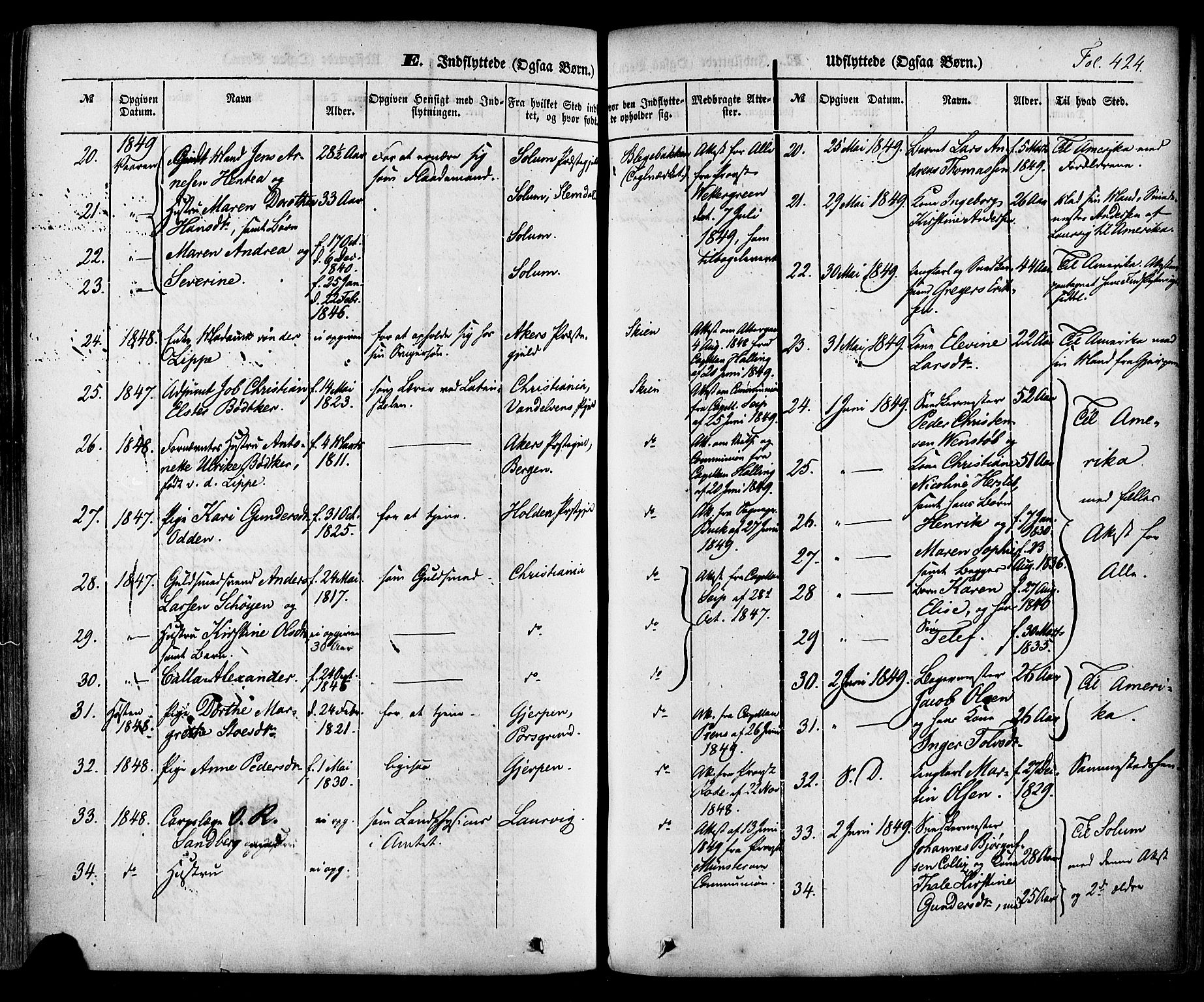 Skien kirkebøker, AV/SAKO-A-302/F/Fa/L0006a: Parish register (official) no. 6A, 1843-1856, p. 424