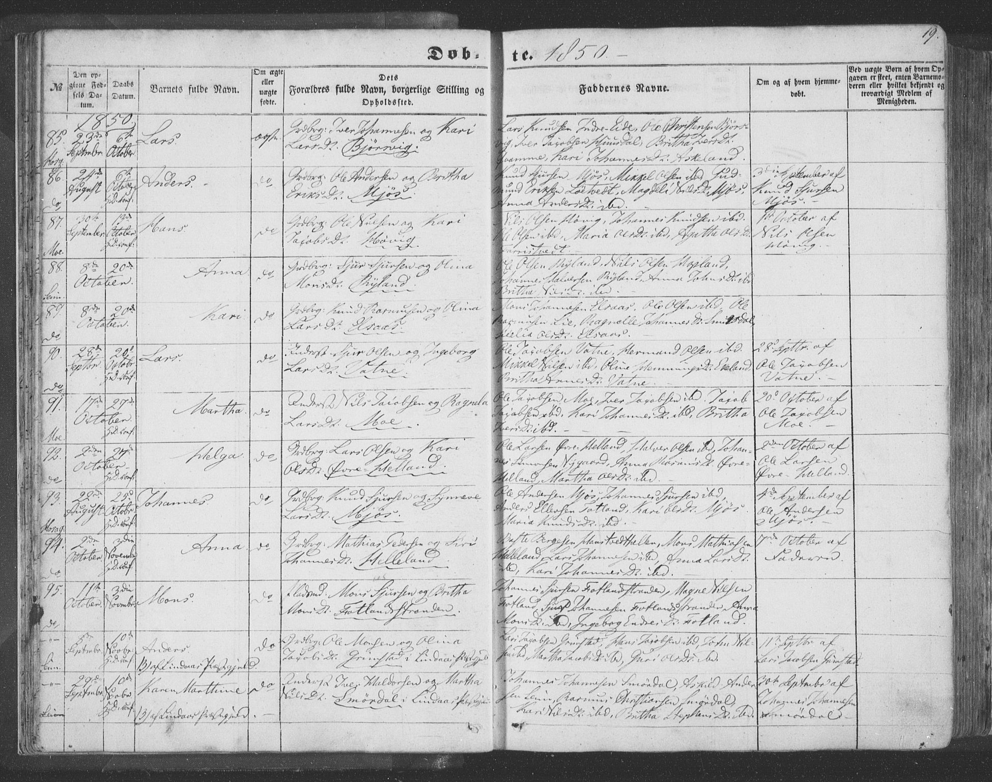 Hosanger sokneprestembete, AV/SAB-A-75801/H/Haa: Parish register (official) no. A 8, 1849-1863, p. 19