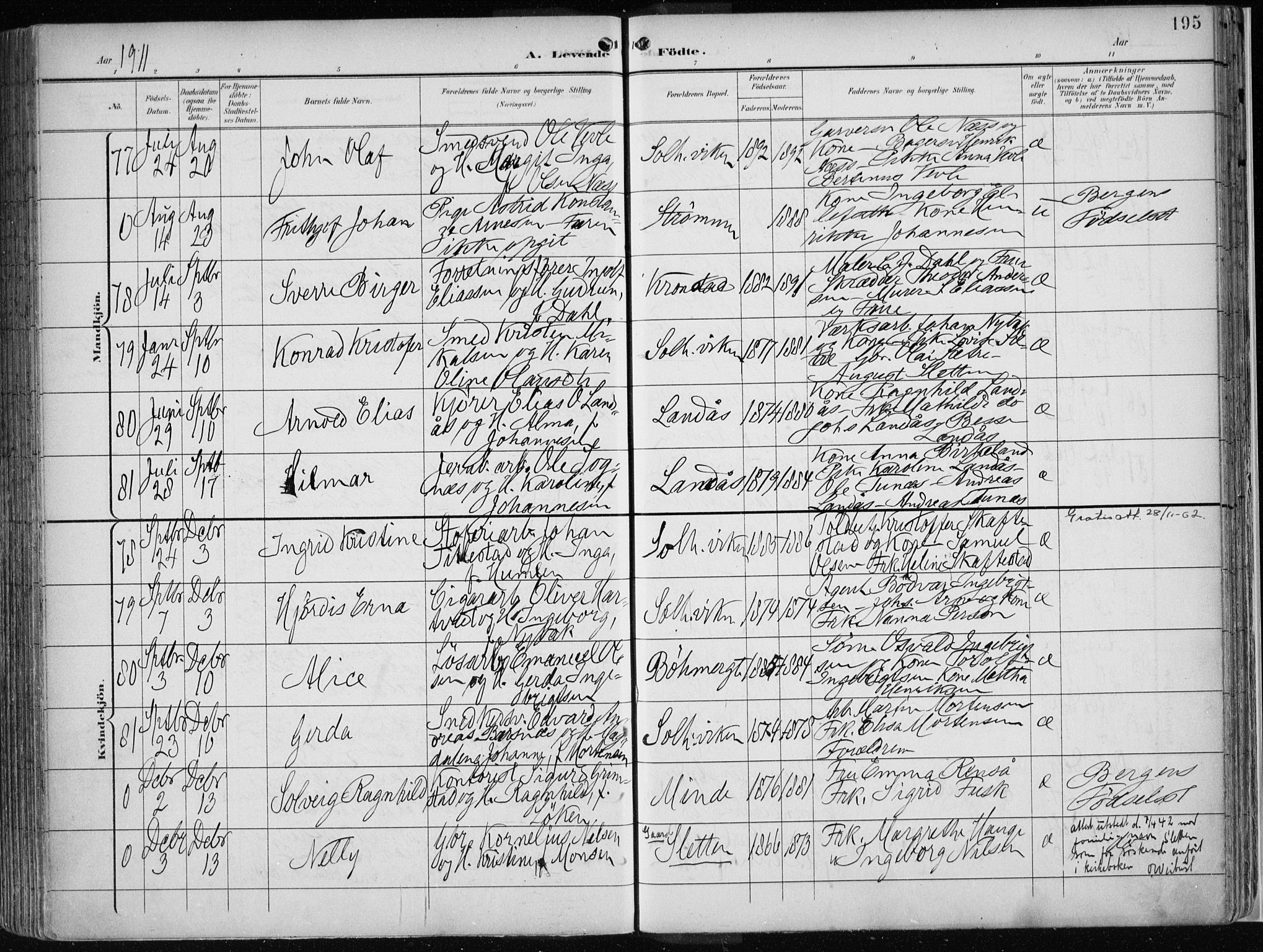 Årstad Sokneprestembete, AV/SAB-A-79301/H/Haa/L0002: Parish register (official) no. A 2, 1899-1914, p. 195