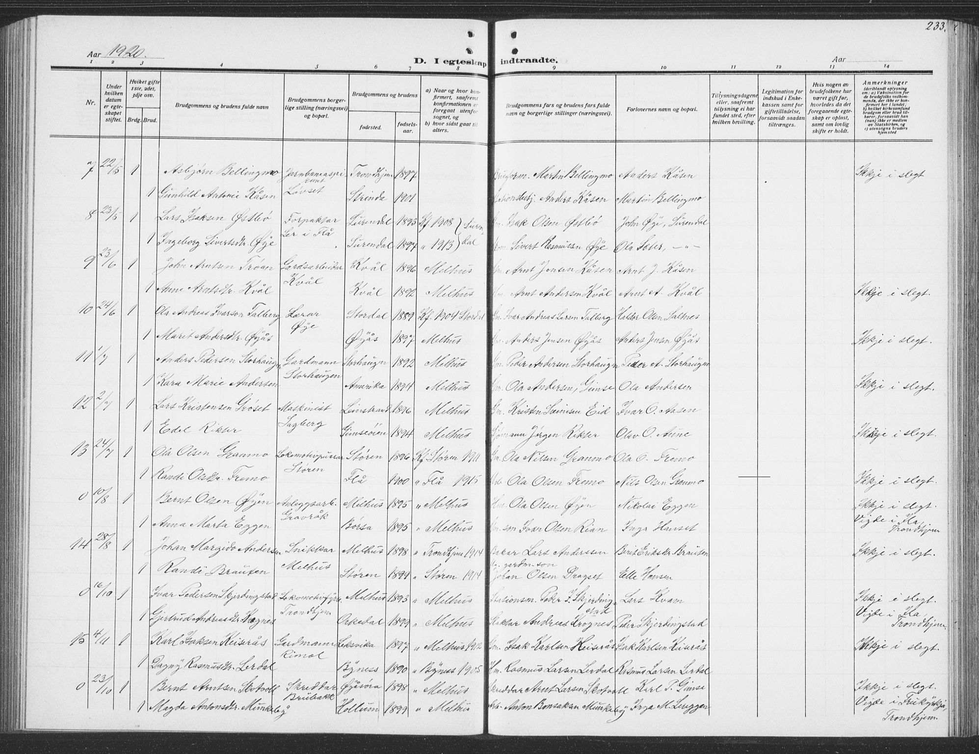 Ministerialprotokoller, klokkerbøker og fødselsregistre - Sør-Trøndelag, AV/SAT-A-1456/691/L1095: Parish register (copy) no. 691C06, 1912-1933, p. 233