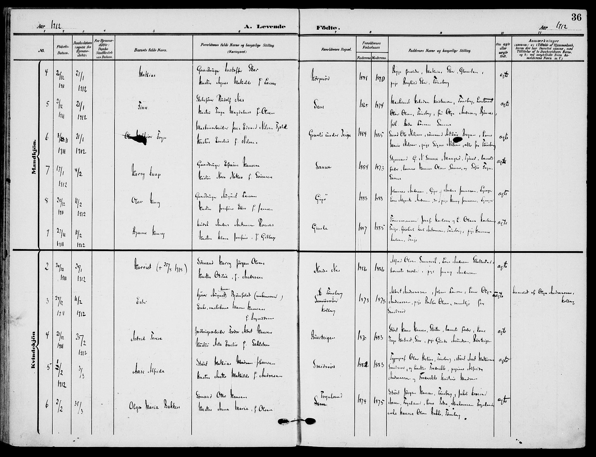 Nøtterøy kirkebøker, AV/SAKO-A-354/F/Fa/L0010: Parish register (official) no. I 10, 1908-1919, p. 36