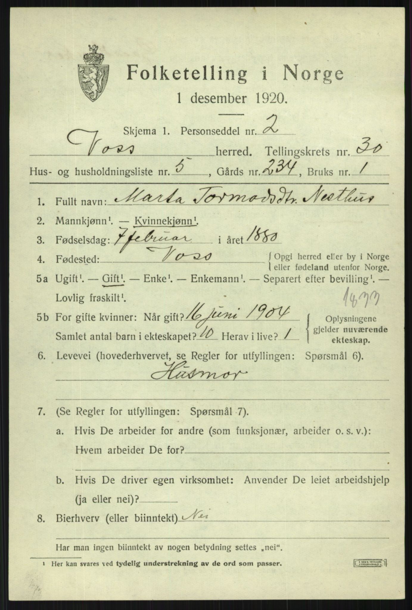 SAB, 1920 census for Voss, 1920, p. 19619