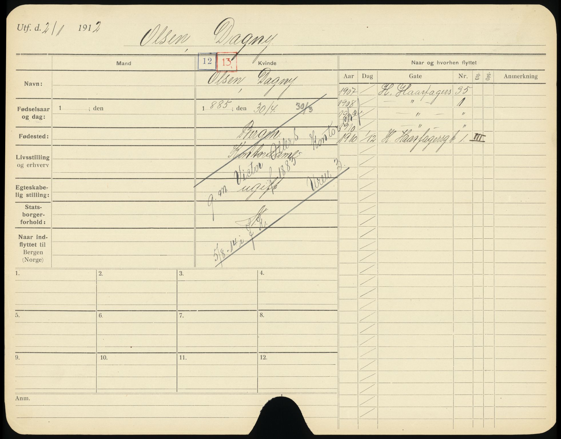 Bergen folkeregister, AV/SAB-A-17201/K/Ka/L0008: Gifte kvinner 1912 - 1919, Olsen, D. - Røsvold, 1912-1919