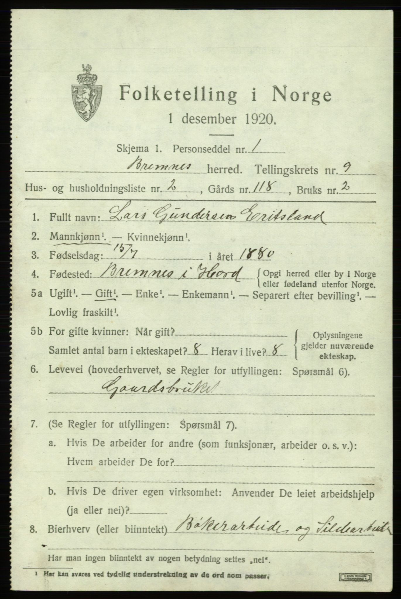 SAB, 1920 census for Bremnes, 1920, p. 6124