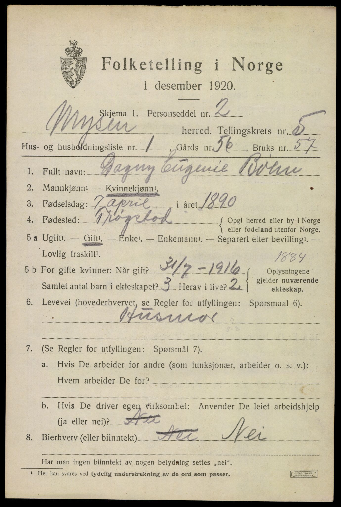 SAO, 1920 census for Mysen, 1920, p. 2673