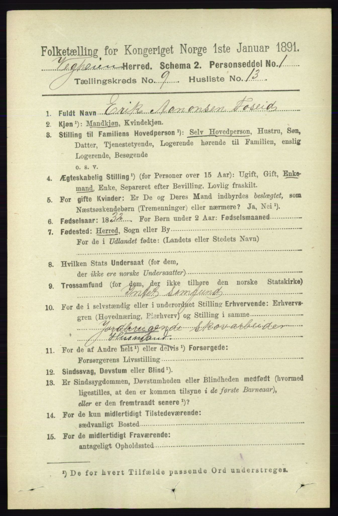 RA, 1891 census for 0912 Vegårshei, 1891, p. 1823