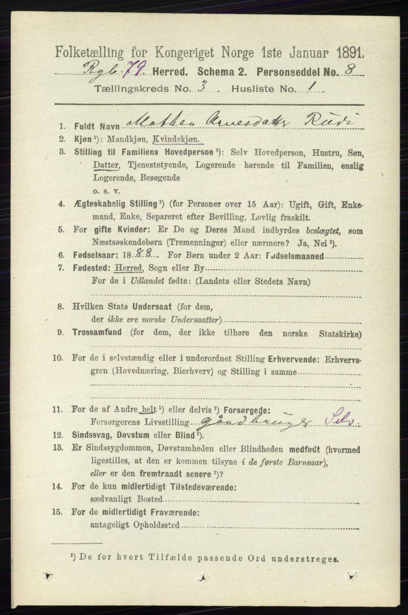 RA, 1891 census for 0520 Ringebu, 1891, p. 728