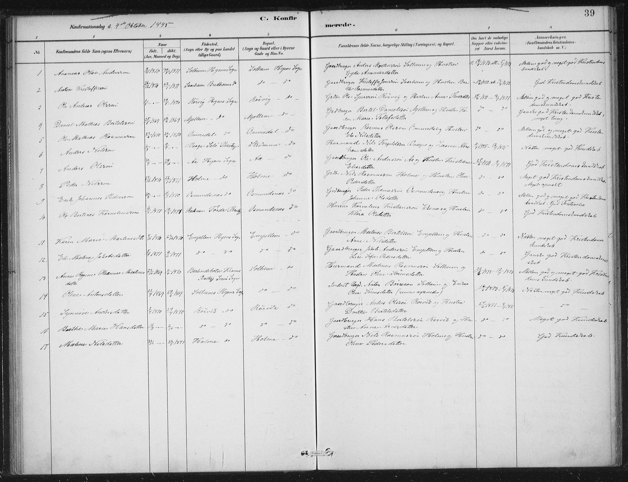 Gloppen sokneprestembete, SAB/A-80101/H/Haa/Haae/L0001: Parish register (official) no. E  1, 1885-1904, p. 39