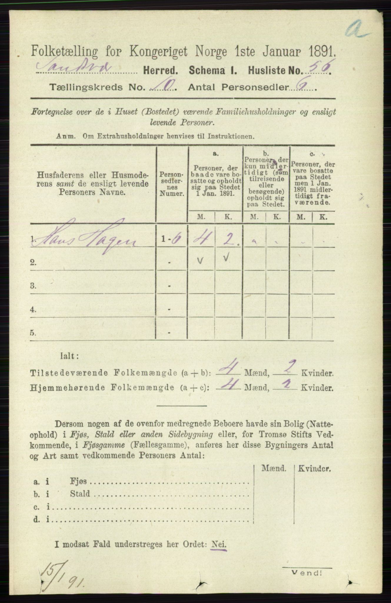RA, 1891 census for 0629 Sandsvær, 1891, p. 4892