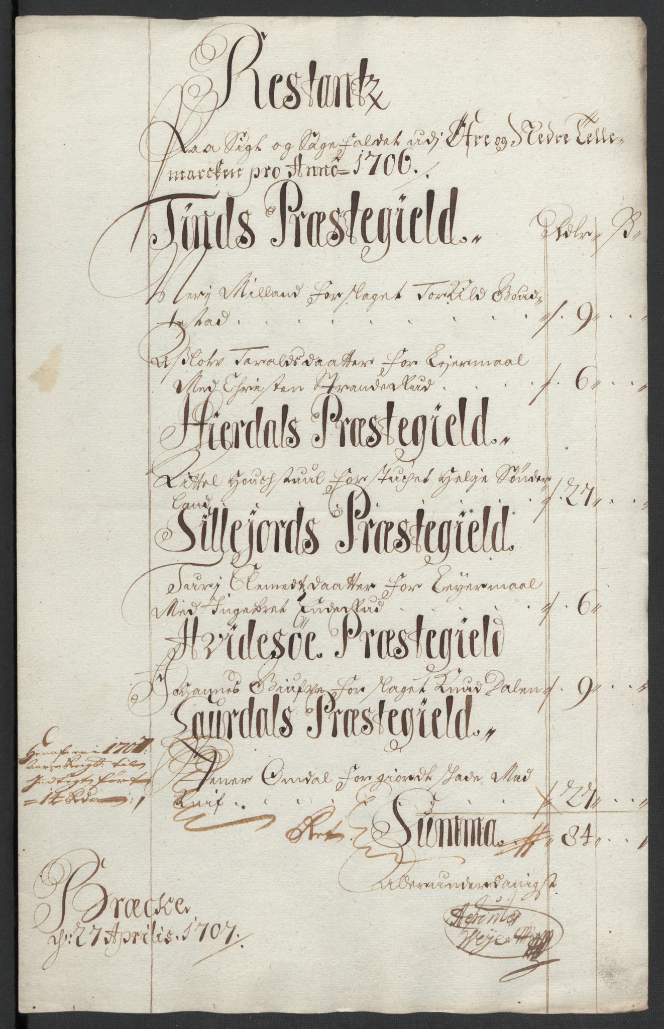 Rentekammeret inntil 1814, Reviderte regnskaper, Fogderegnskap, AV/RA-EA-4092/R36/L2116: Fogderegnskap Øvre og Nedre Telemark og Bamble, 1706-1707, p. 69