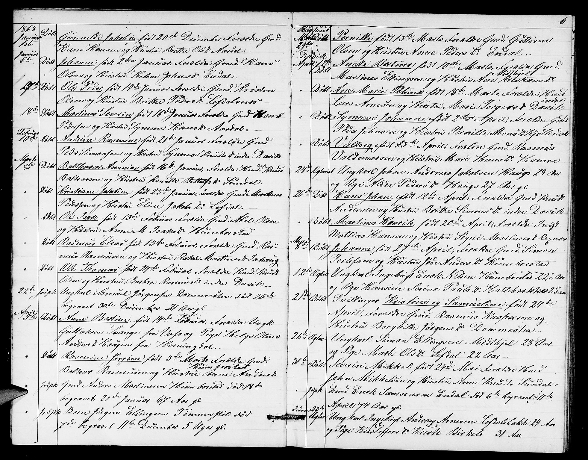 Davik sokneprestembete, AV/SAB-A-79701/H/Hab/Haba/L0001: Parish register (copy) no. A 1, 1866-1889, p. 6