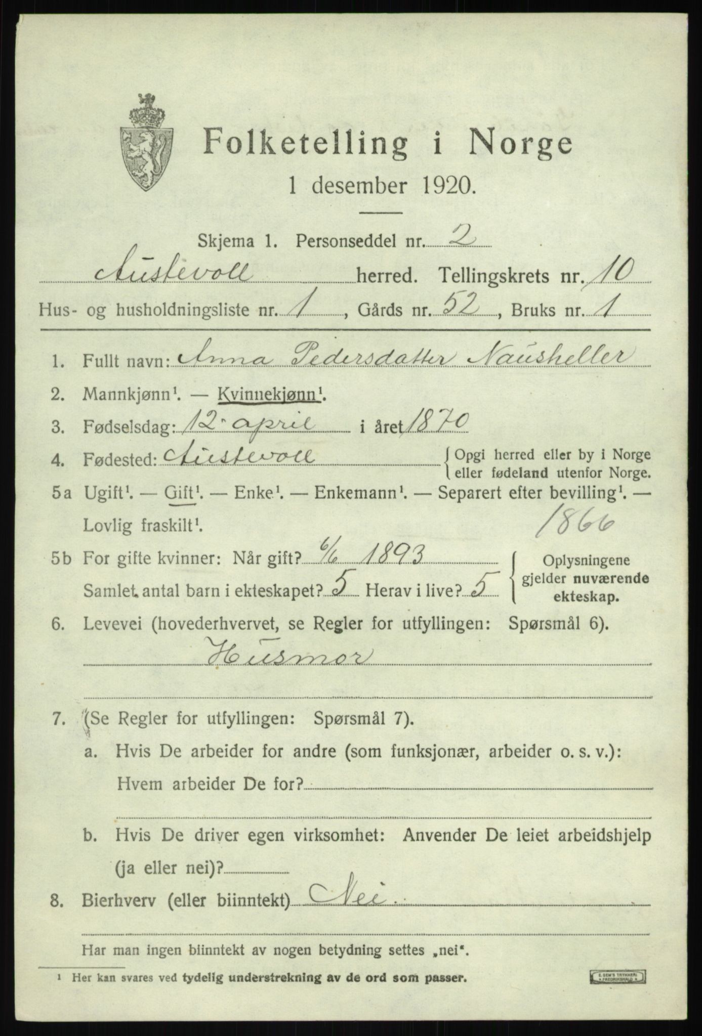 SAB, 1920 census for Austevoll, 1920, p. 5578