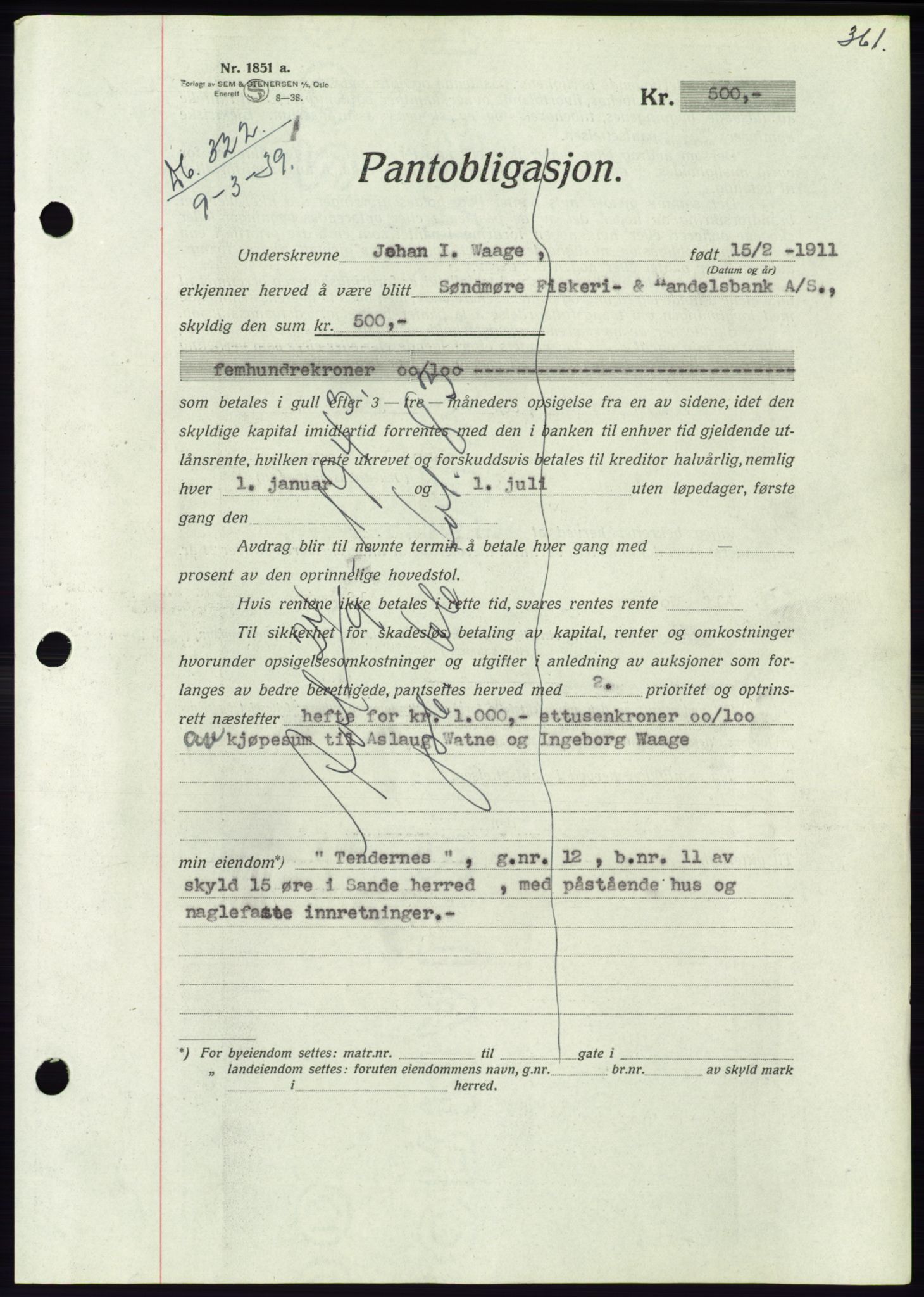 Søre Sunnmøre sorenskriveri, AV/SAT-A-4122/1/2/2C/L0067: Mortgage book no. 61, 1938-1939, Diary no: : 322/1939