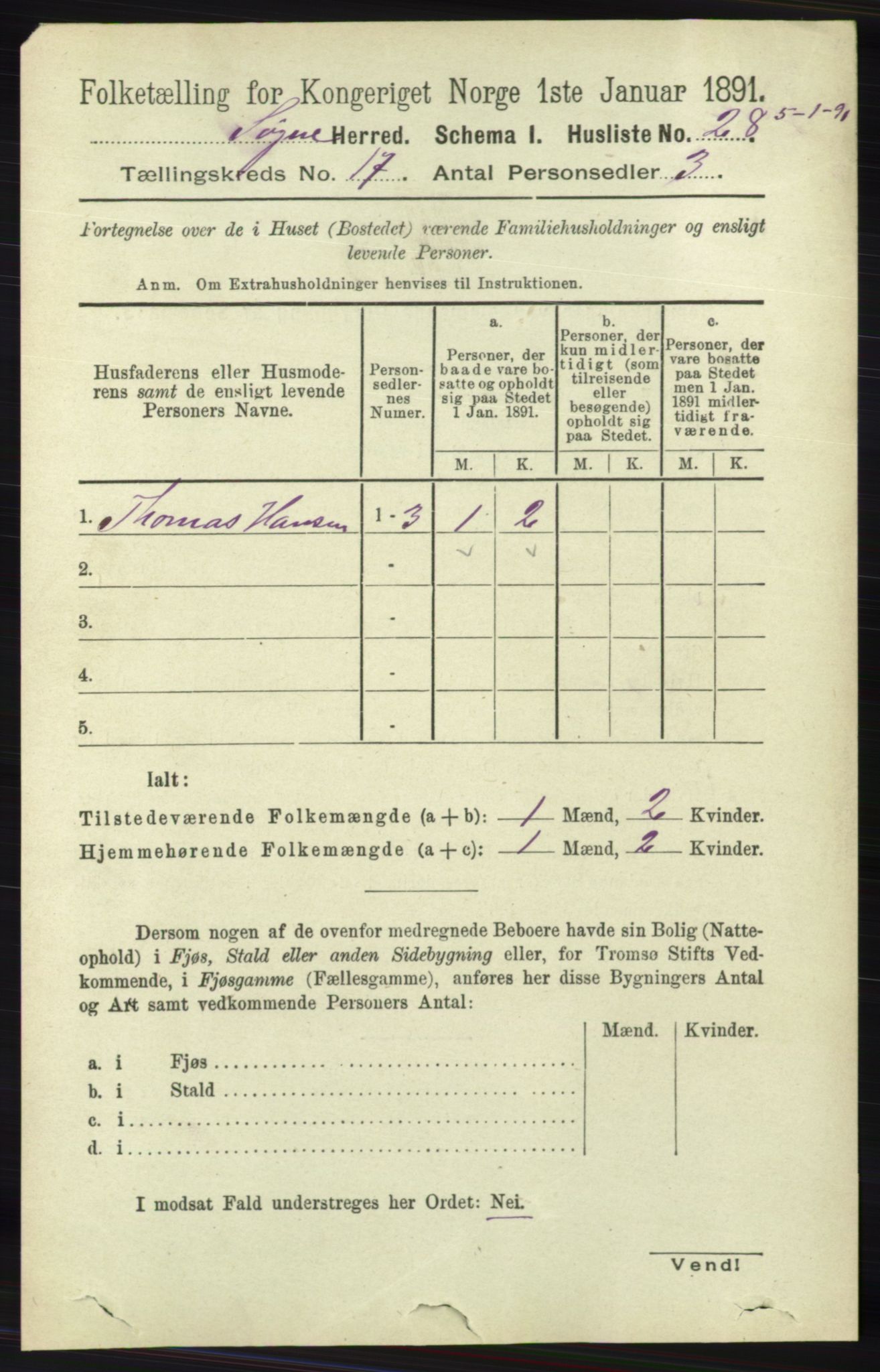 RA, 1891 census for 1018 Søgne, 1891, p. 4494
