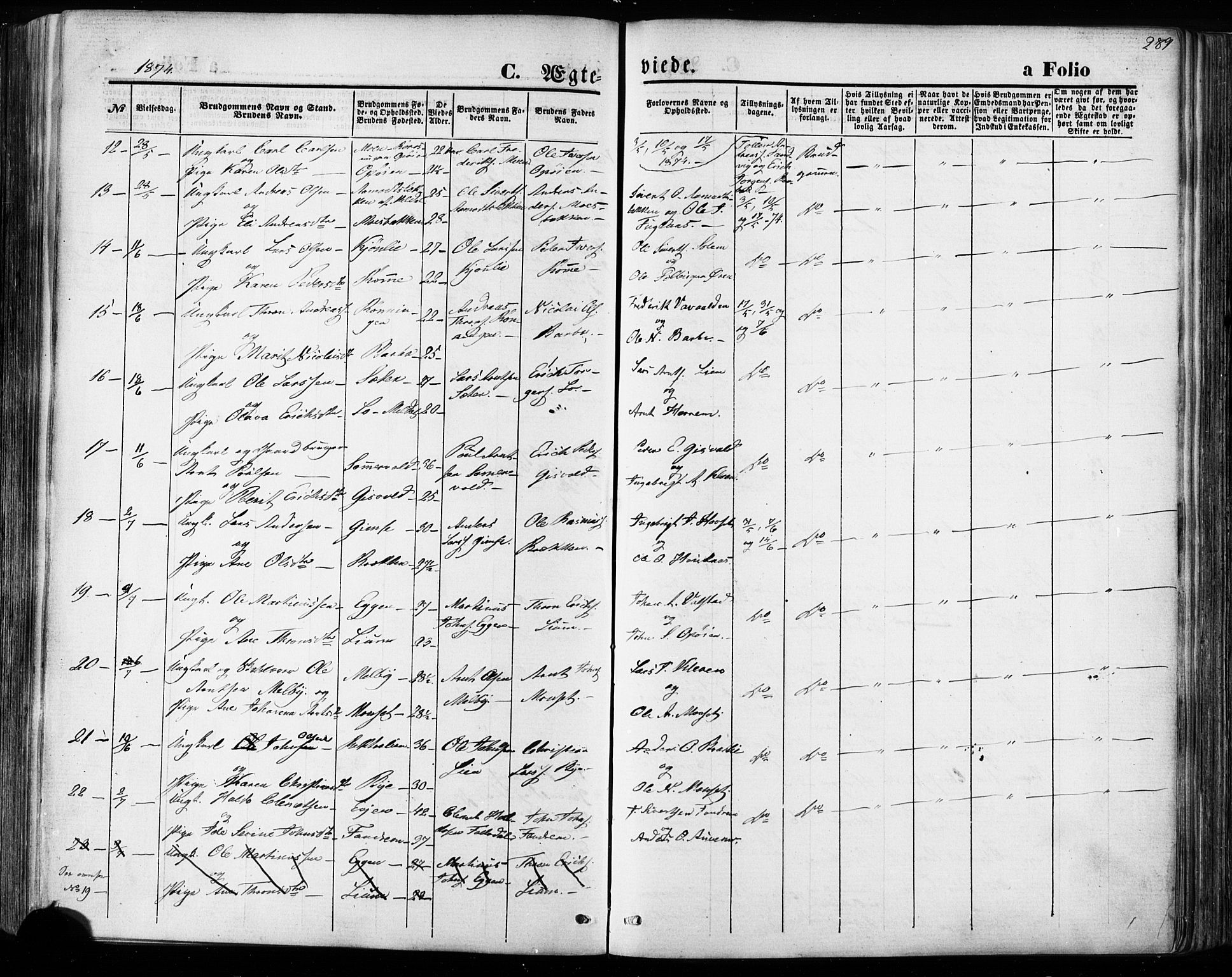 Ministerialprotokoller, klokkerbøker og fødselsregistre - Sør-Trøndelag, SAT/A-1456/668/L0807: Parish register (official) no. 668A07, 1870-1880, p. 289