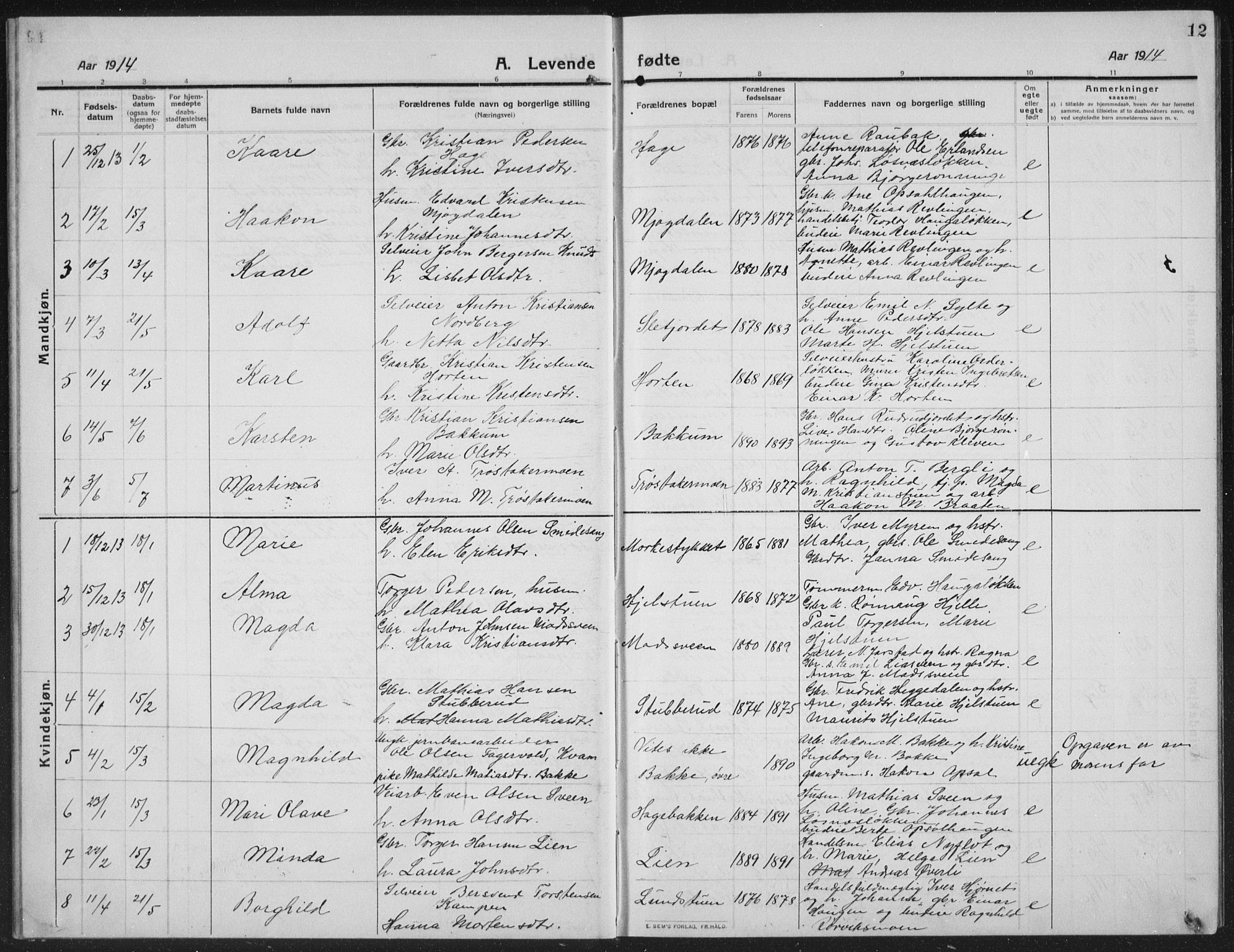 Ringebu prestekontor, SAH/PREST-082/H/Ha/Hab/L0010: Parish register (copy) no. 10, 1911-1934, p. 12